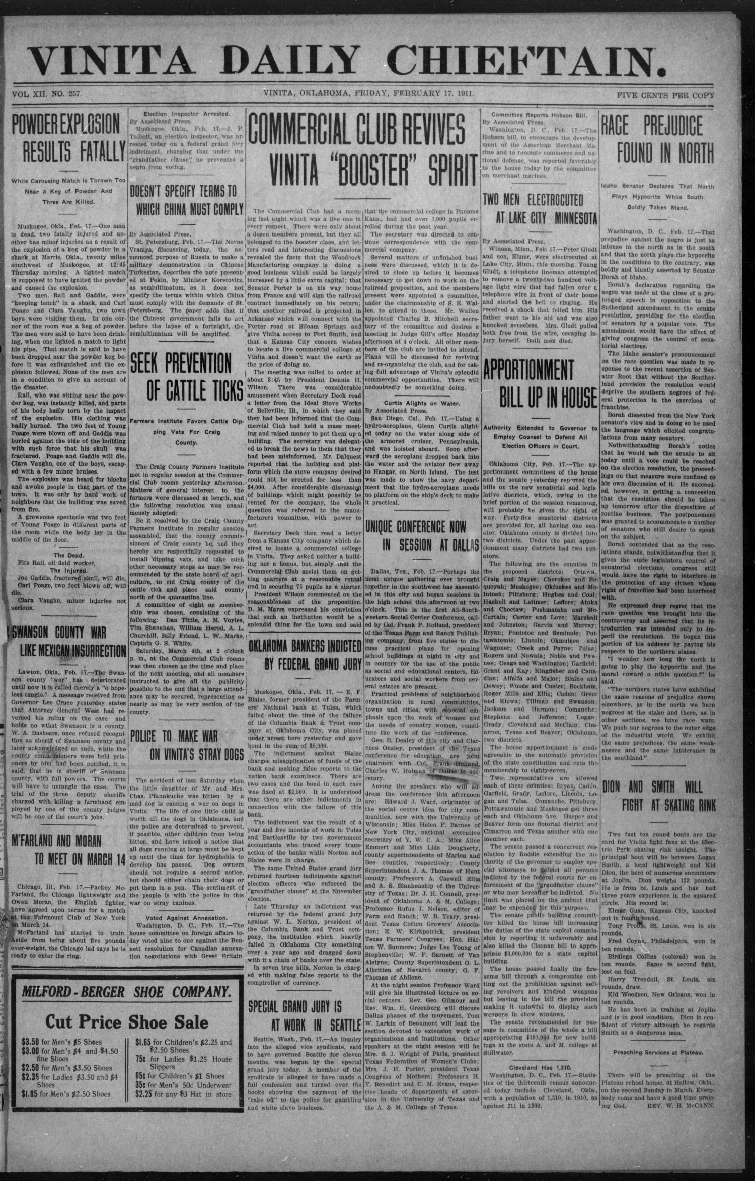 Vinita Daily Chieftain. (Vinita, Okla.), Vol. 12, No. 257, Ed. 1 Friday, February 17, 1911
                                                
                                                    [Sequence #]: 1 of 4
                                                