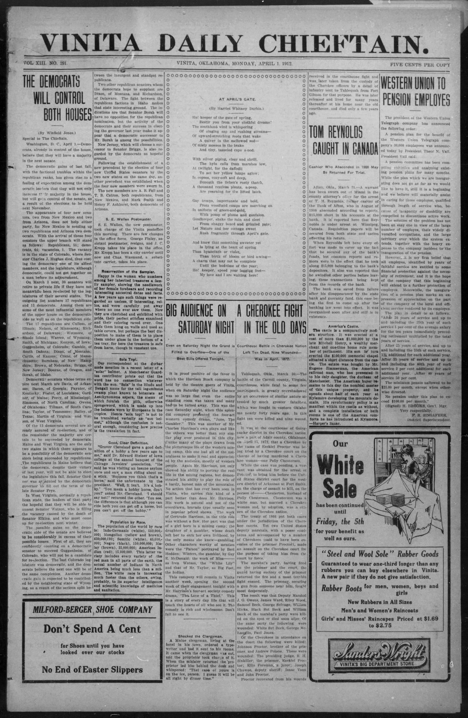 Vinita Daily Chieftain. (Vinita, Okla.), Vol. 13, No. 291, Ed. 1 Monday, April 1, 1912
                                                
                                                    [Sequence #]: 1 of 4
                                                