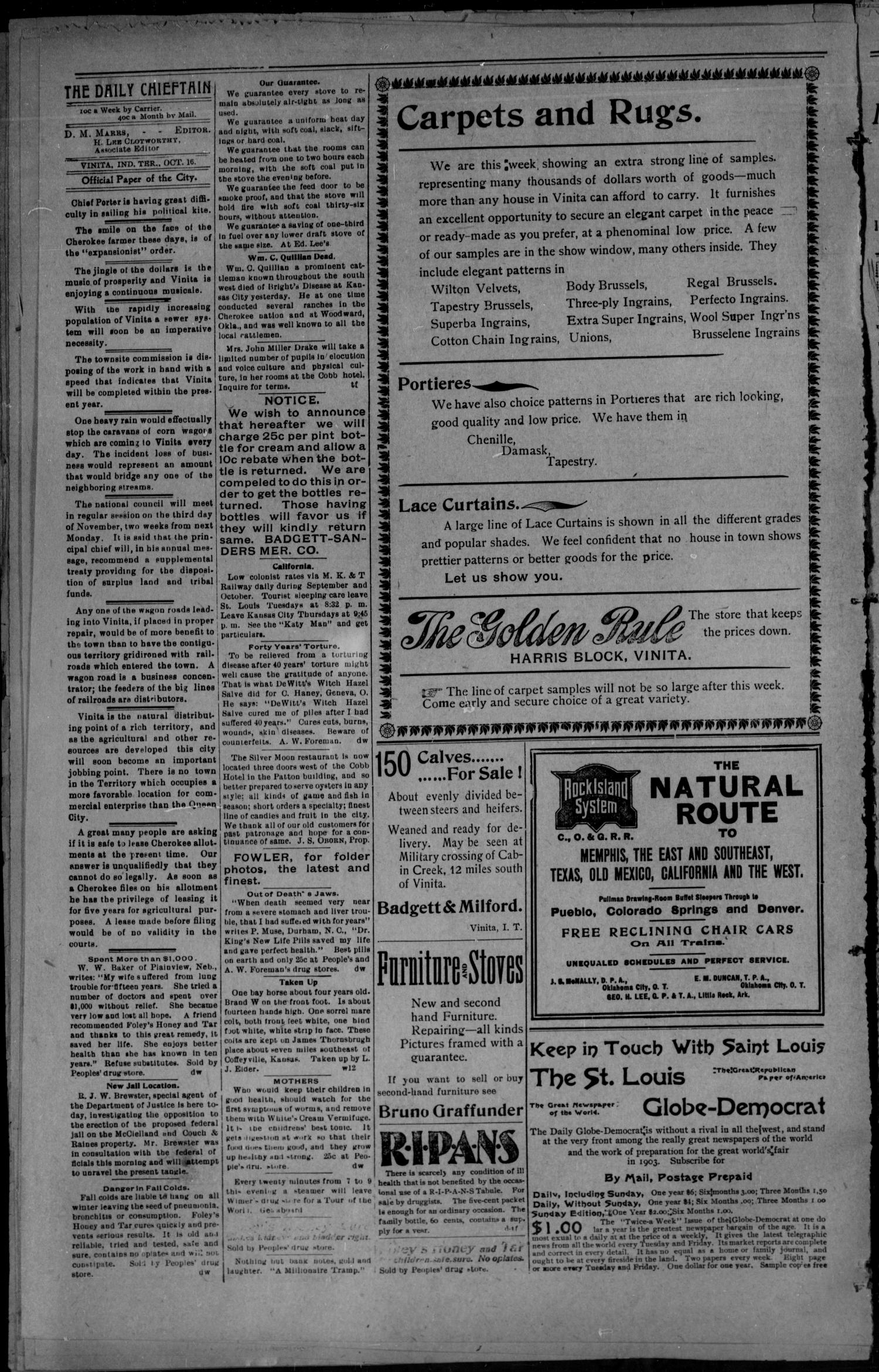 The Daily Chieftain. (Vinita, Indian Terr.), Vol. 5, No. 6, Ed. 1 Thursday, October 16, 1902
                                                
                                                    [Sequence #]: 2 of 4
                                                