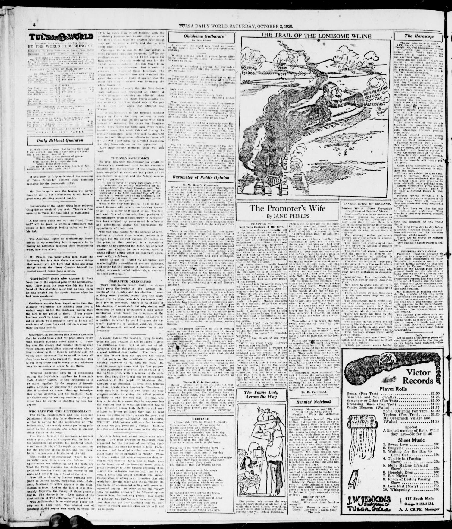 The Morning Tulsa Daily World (Tulsa, Okla.), Vol. 15, No. 4, Ed. 1, Saturday, October 2, 1920
                                                
                                                    [Sequence #]: 4 of 22
                                                