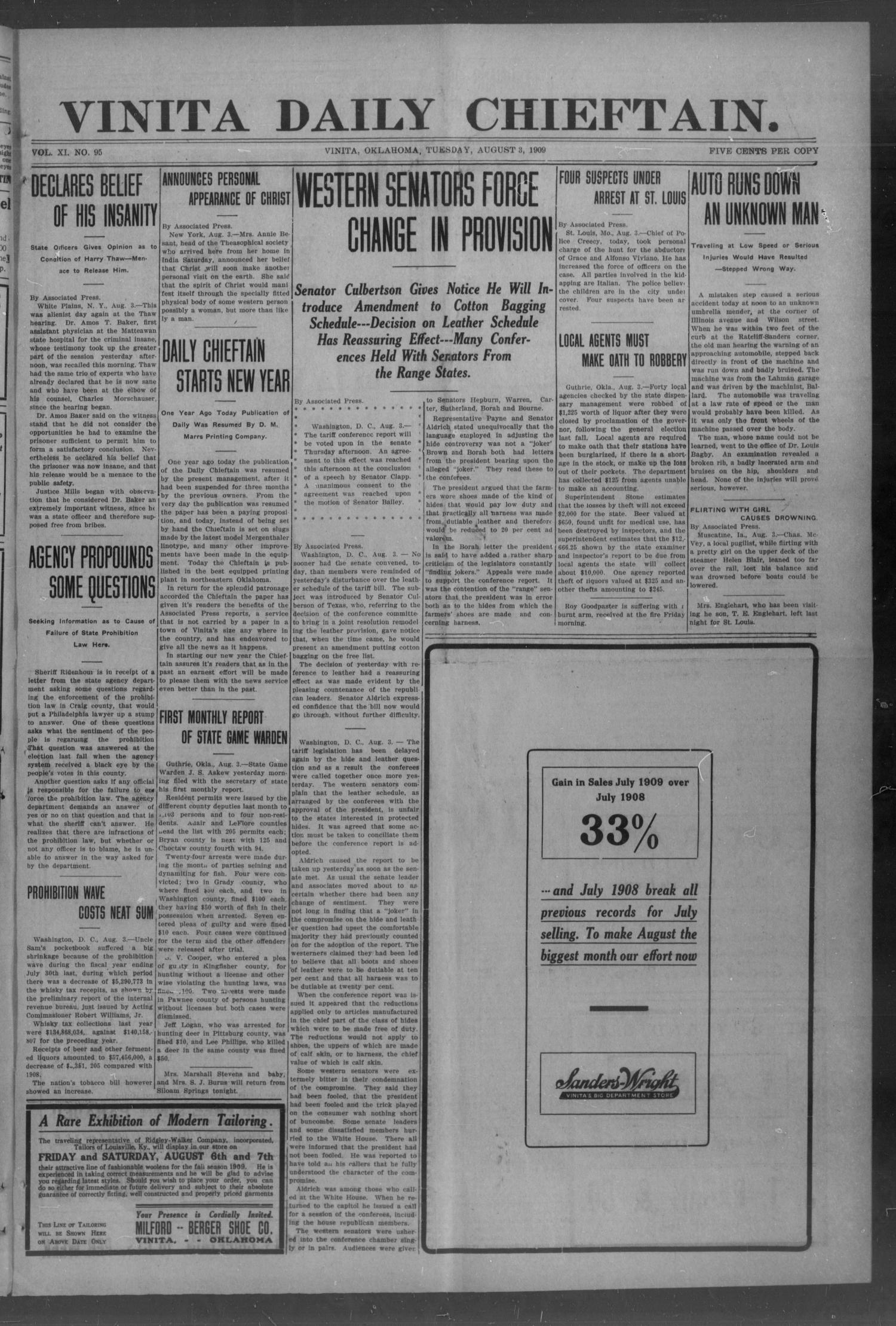Vinita Daily Chieftain. (Vinita, Okla.), Vol. 11, No. 95, Ed. 1 Tuesday, August 3, 1909
                                                
                                                    [Sequence #]: 1 of 4
                                                
