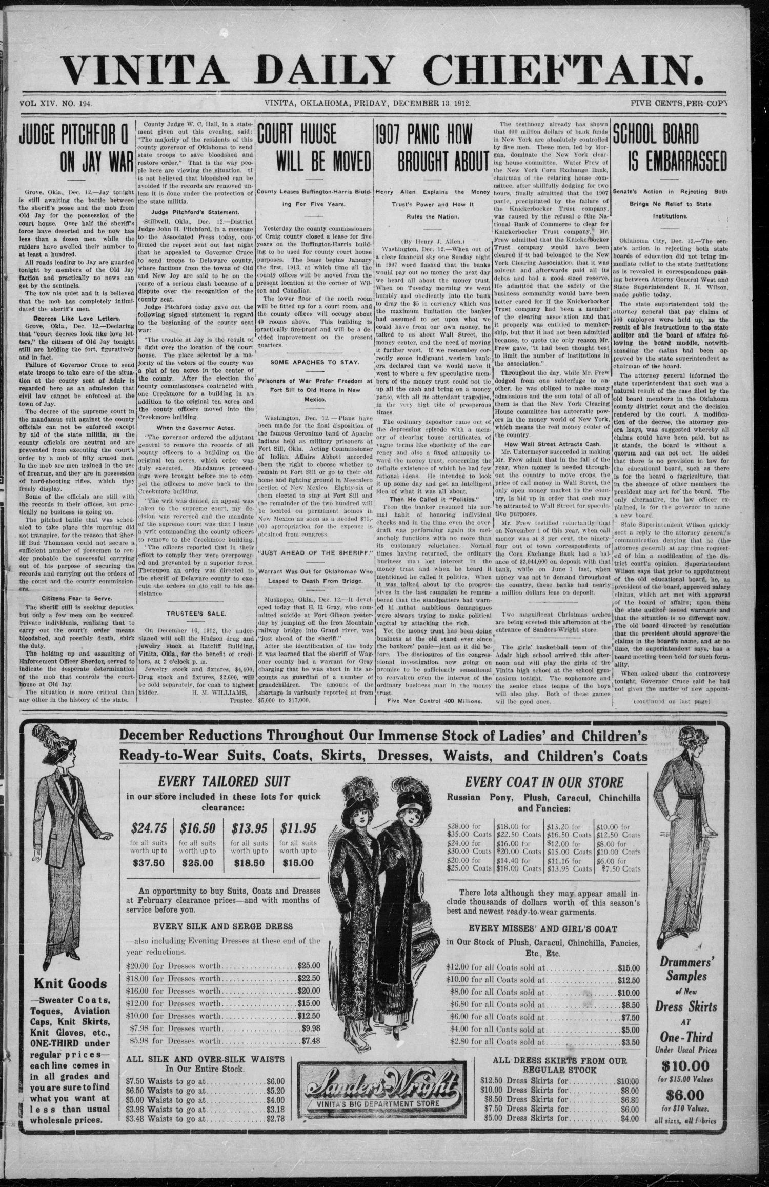 Vinita Daily Chieftain. (Vinita, Okla.), Vol. 14, No. 194, Ed. 1 Friday, December 13, 1912
                                                
                                                    [Sequence #]: 1 of 4
                                                