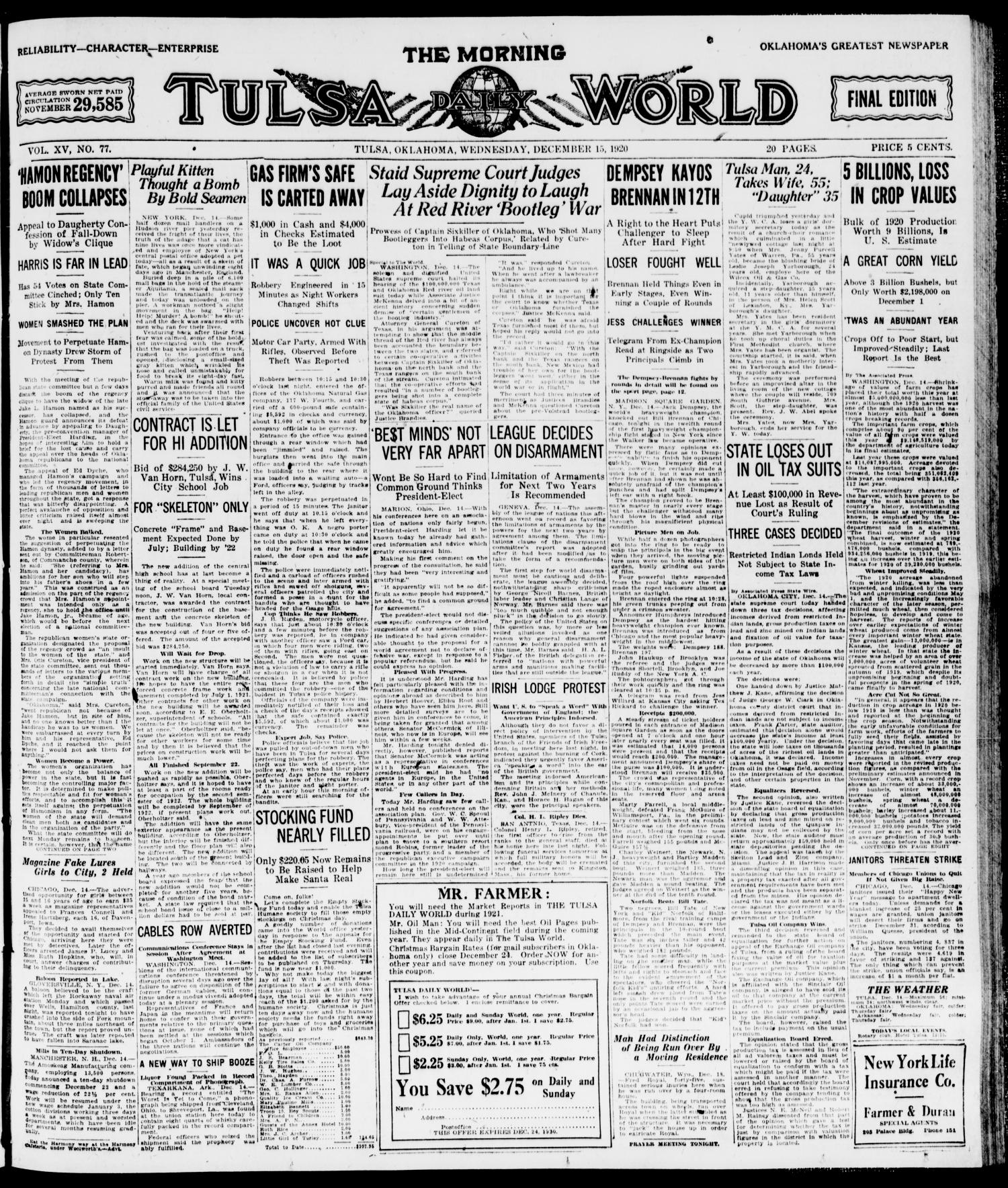 The Morning Tulsa Daily World (Tulsa, Okla.), Vol. 15, No. 77, Ed. 1, Wednesday, December 15, 1920
                                                
                                                    [Sequence #]: 1 of 20
                                                