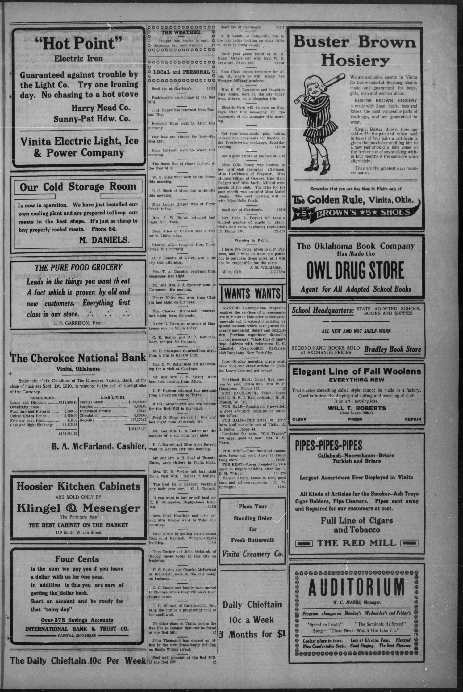 Vinita Daily Chieftain. (Vinita, Okla.), Vol. 12, No. 121, Ed. 1 Friday, September 9, 1910
                                                
                                                    [Sequence #]: 3 of 4
                                                