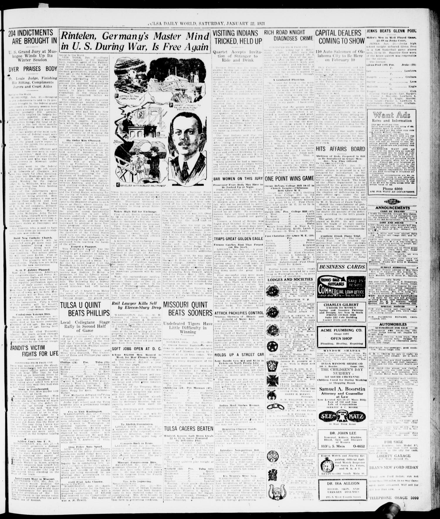 The Morning Tulsa Daily World (Tulsa, Okla.), Vol. 15, No. 114, Ed. 1, Saturday, January 22, 1921
                                                
                                                    [Sequence #]: 13 of 16
                                                