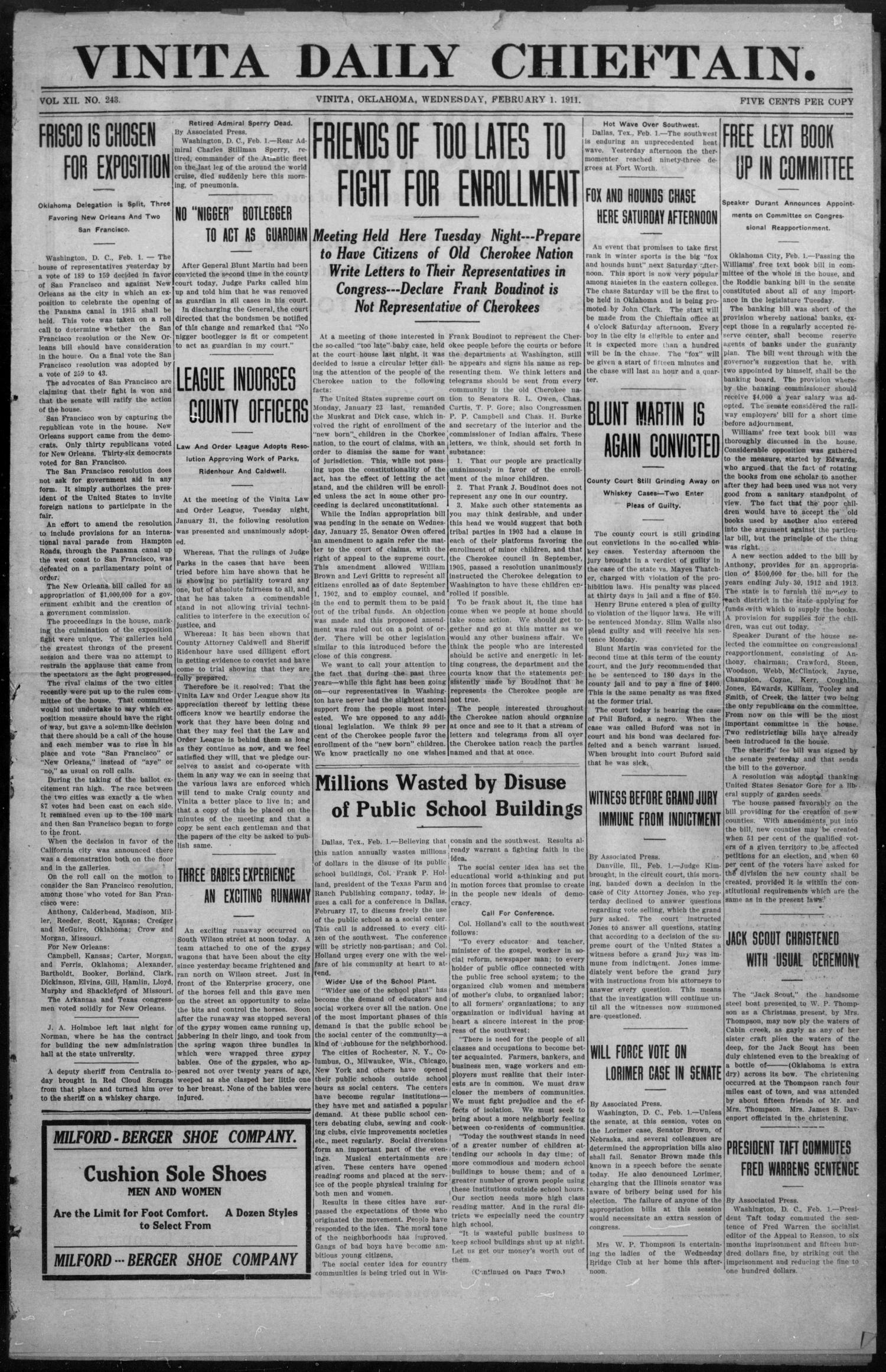 Vinita Daily Chieftain. (Vinita, Okla.), Vol. 12, No. 243, Ed. 1 Wednesday, February 1, 1911
                                                
                                                    [Sequence #]: 1 of 4
                                                