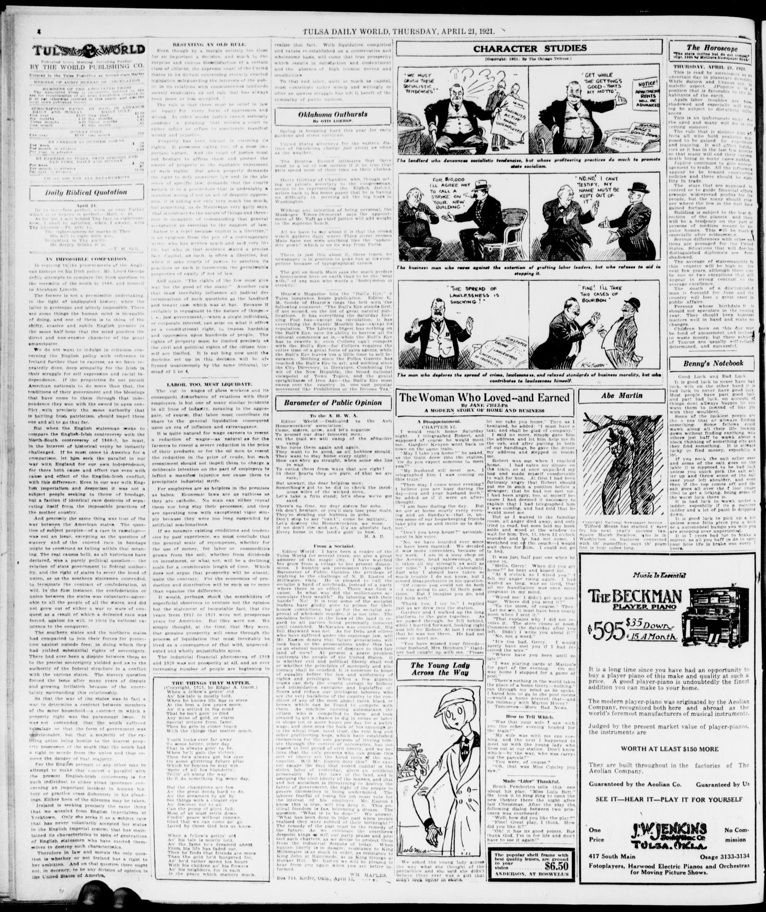 The Morning Tulsa Daily World (Tulsa, Okla.), Vol. 15, No. 203, Ed. 1, Thursday, April 21, 1921
                                                
                                                    [Sequence #]: 4 of 16
                                                