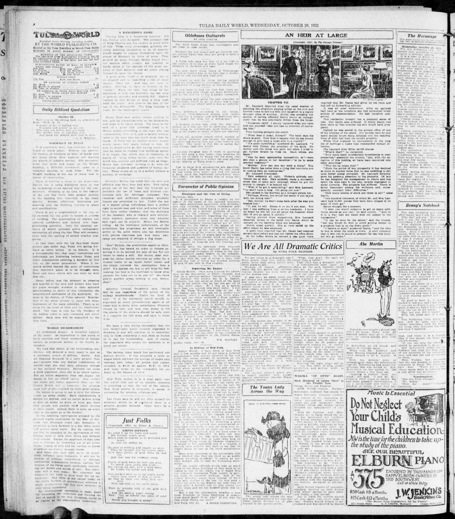 The Morning Tulsa Daily World (Tulsa, Okla.), Vol. 16, No. 26, Ed. 1, Wednesday, October 26, 1921
                                                
                                                    [Sequence #]: 4 of 16
                                                