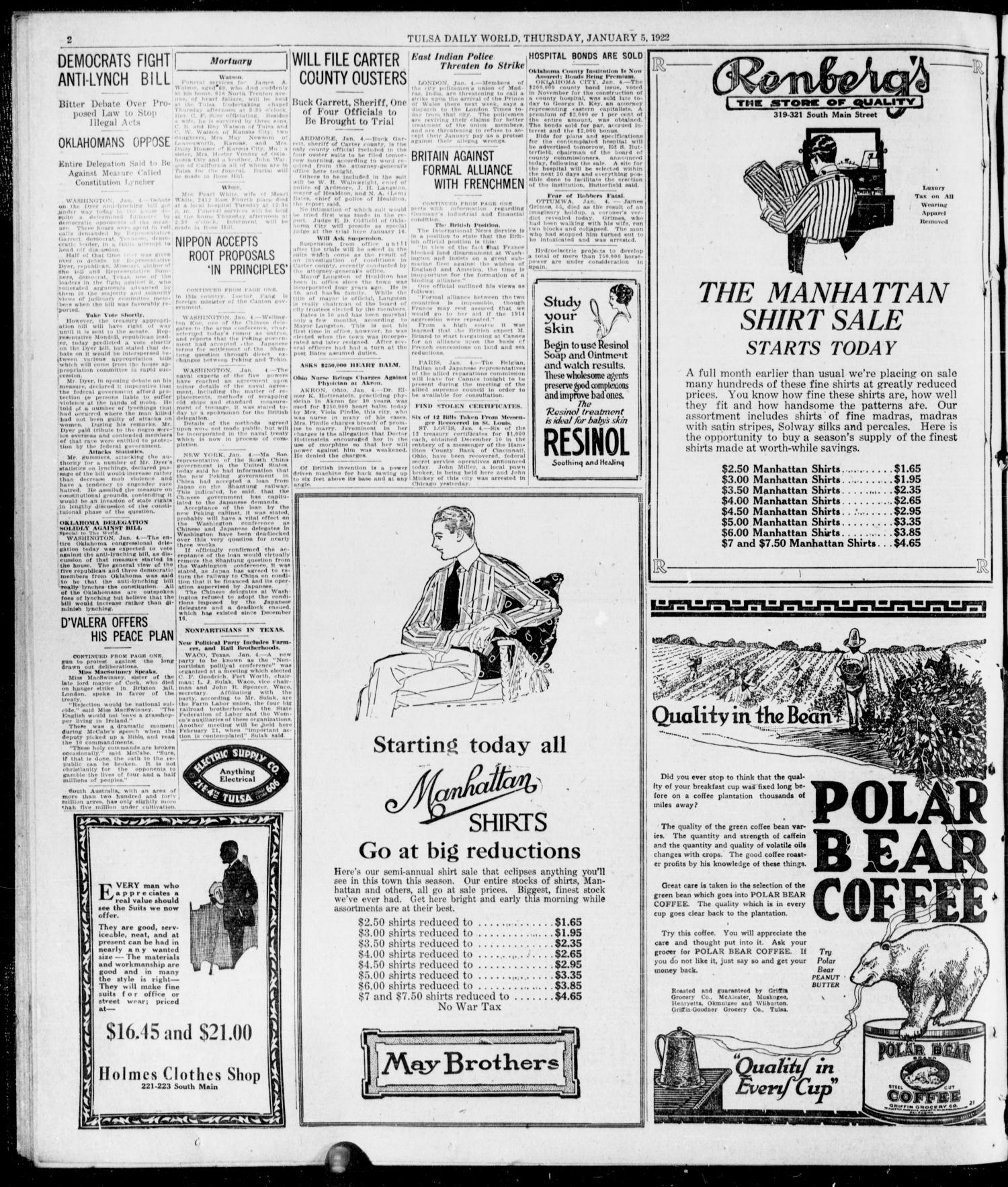 The Morning Tulsa Daily World (Tulsa, Okla.), Vol. 16, No. 97, Ed. 1, Thursday, January 5, 1922
                                                
                                                    [Sequence #]: 2 of 16
                                                