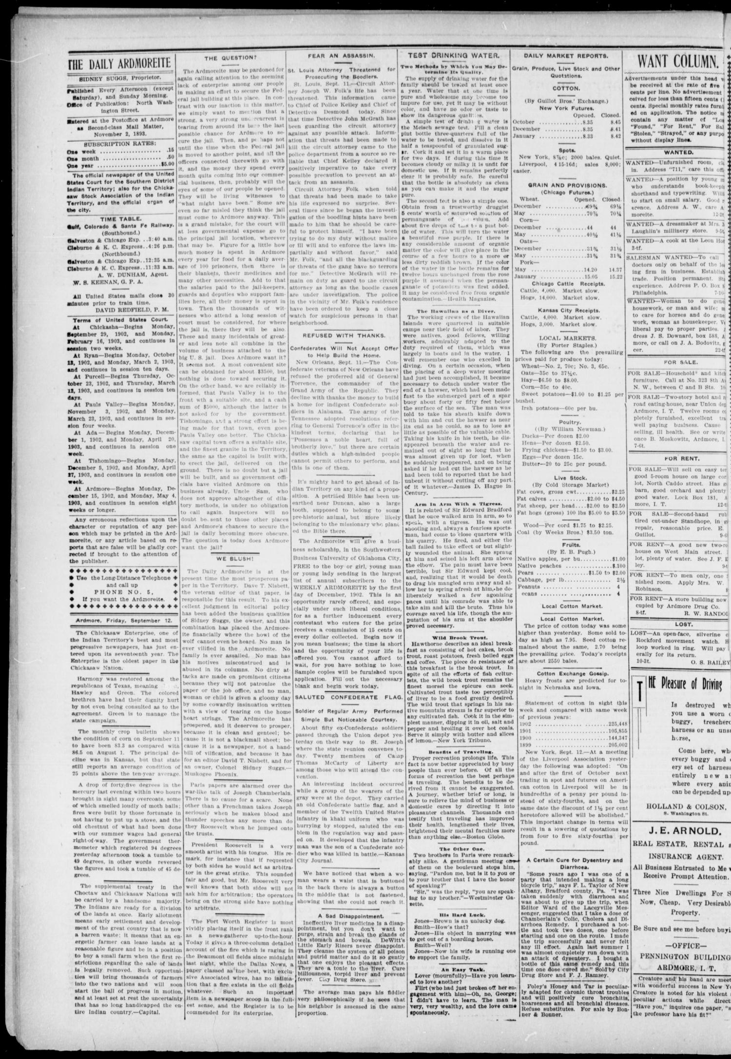 The Daily Ardmoreite. (Ardmore, Indian Terr.), Vol. 9, No. 263, Ed. 1, Friday, September 12, 1902
                                                
                                                    [Sequence #]: 4 of 8
                                                