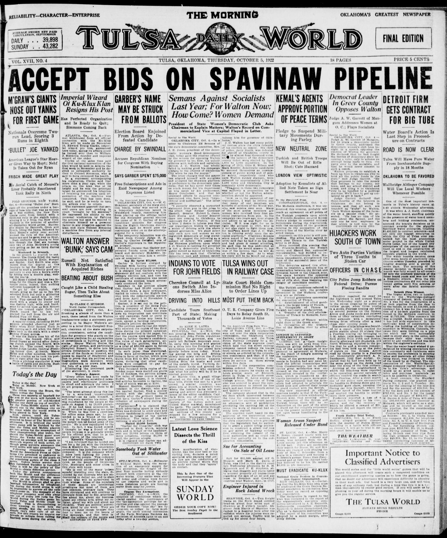 The Morning Tulsa Daily World (Tulsa, Okla.), Vol. 17, No. 4, Ed. 1, Thursday, October 5, 1922
                                                
                                                    [Sequence #]: 1 of 18
                                                