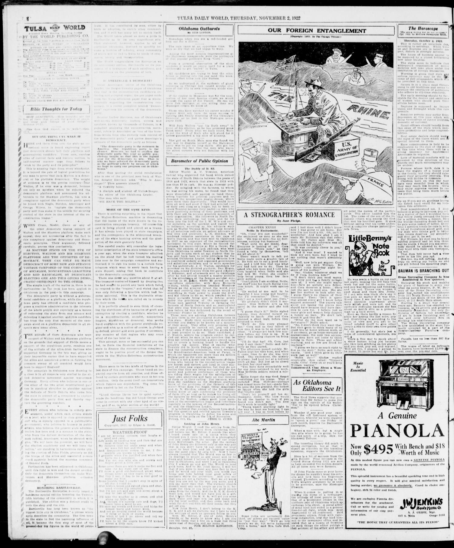 The Morning Tulsa Daily World (Tulsa, Okla.), Vol. 17, No. 32, Ed. 1, Thursday, November 2, 1922
                                                
                                                    [Sequence #]: 4 of 20
                                                
