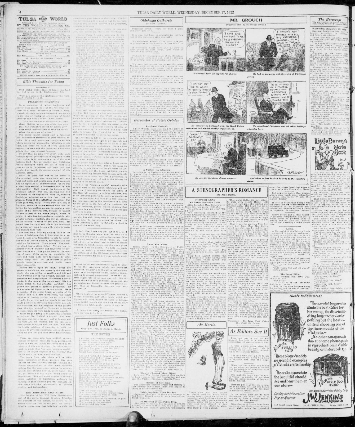 The Morning Tulsa Daily World (Tulsa, Okla.), Vol. 17, No. 87, Ed. 1, Wednesday, December 27, 1922
                                                
                                                    [Sequence #]: 4 of 14
                                                