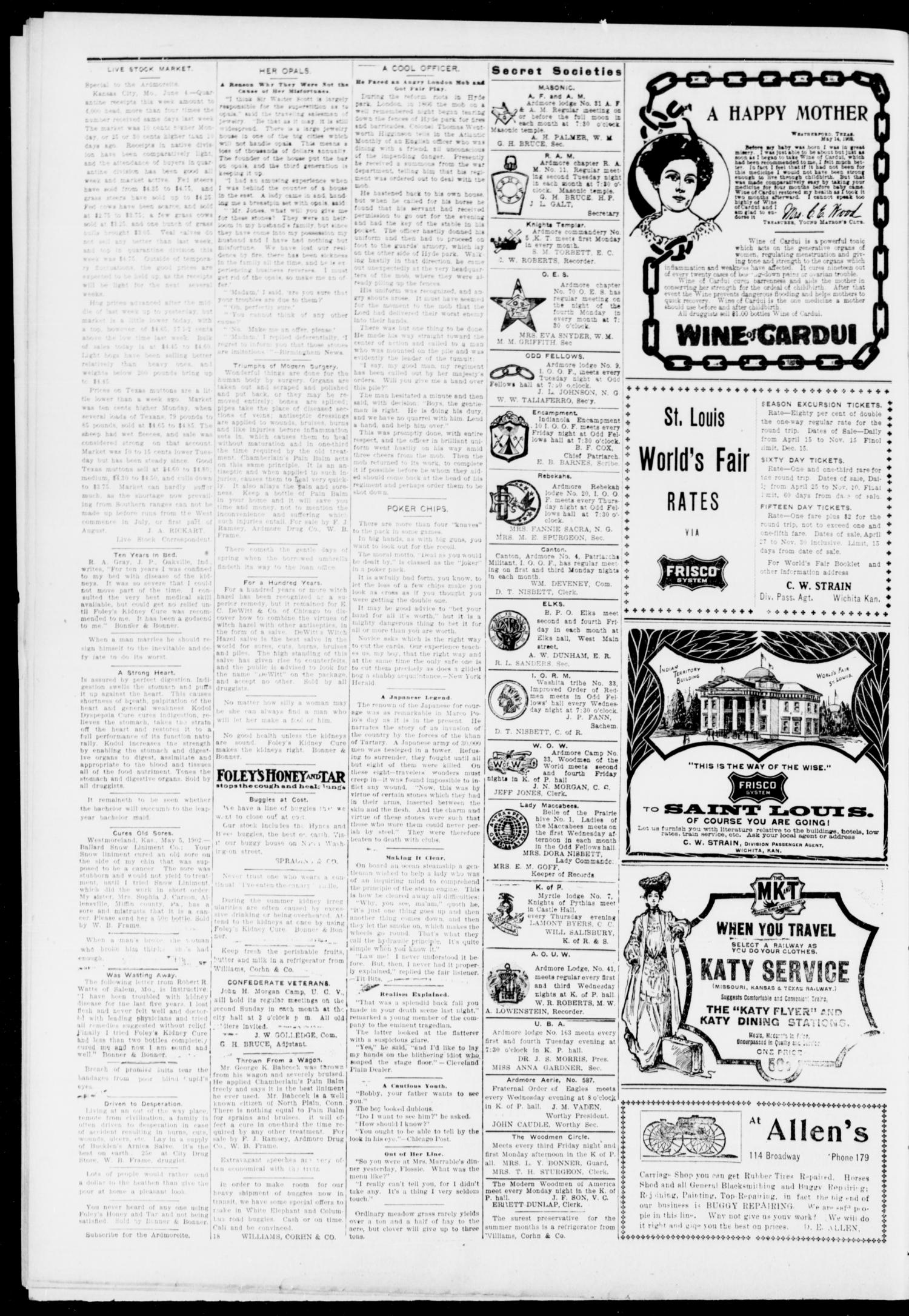 The Daily Ardmoreite. (Ardmore, Indian Terr.), Vol. 11, No. 180, Ed. 1, Monday, June 6, 1904
                                                
                                                    [Sequence #]: 2 of 8
                                                