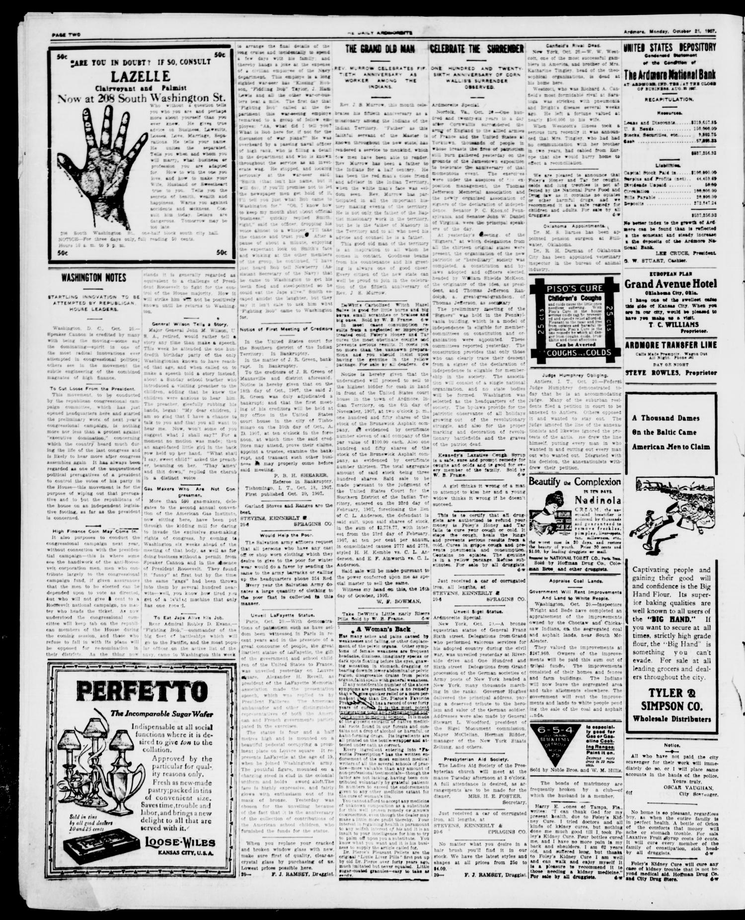 The Daily Ardmoreite. (Ardmore, Indian Terr.), Vol. 14, No. 128, Ed. 1, Monday, October 21, 1907
                                                
                                                    [Sequence #]: 2 of 8
                                                