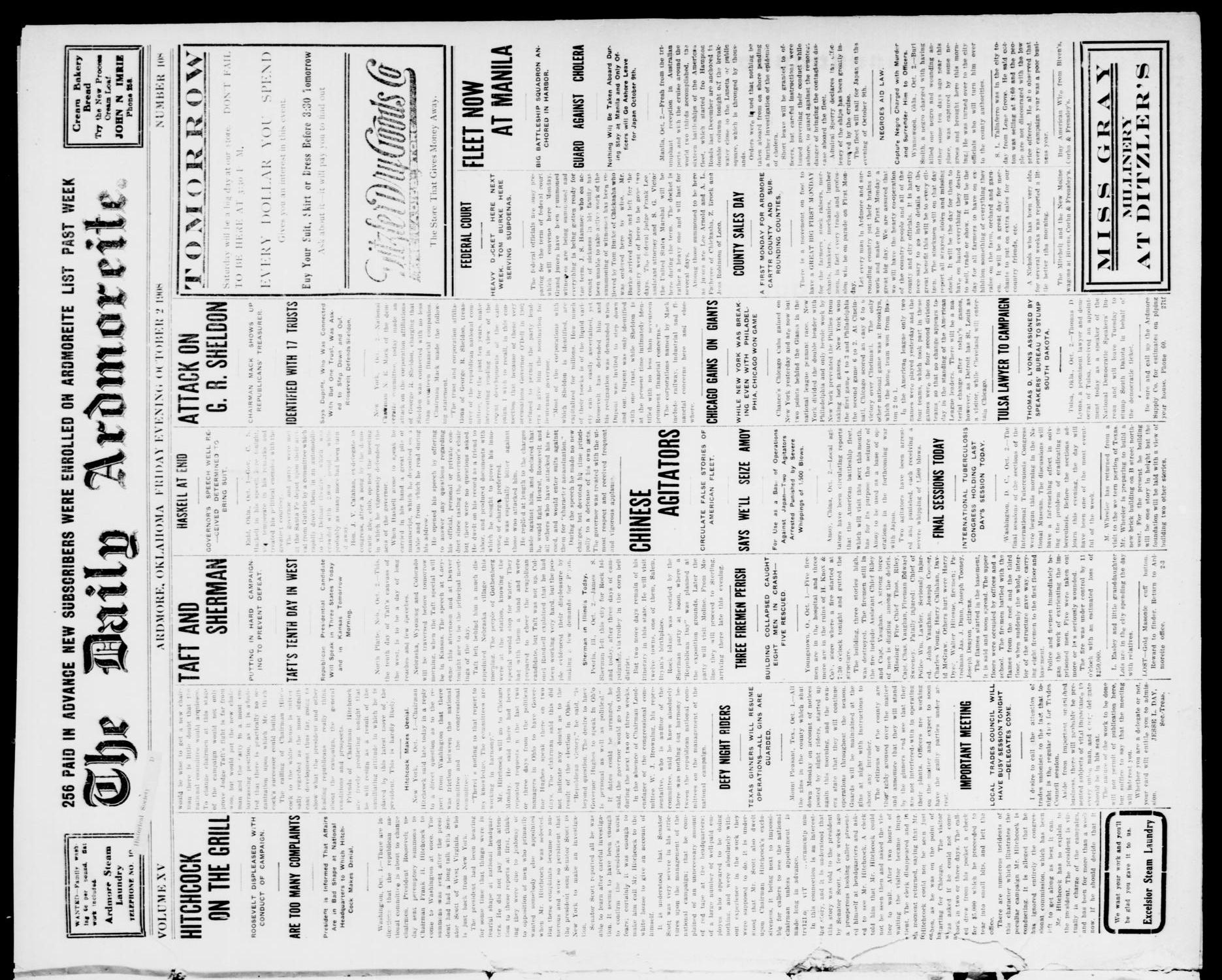 The Daily Ardmoreite. (Ardmore, Okla.), Vol. 15, No. 108, Ed. 1, Friday, October 2, 1908
                                                
                                                    [Sequence #]: 1 of 8
                                                