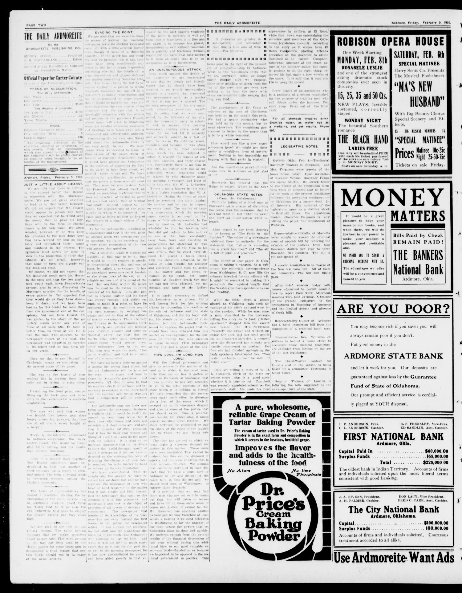 The Daily Ardmoreite. (Ardmore, Okla.), Vol. 15, No. 206, Ed. 1, Friday, February 5, 1909
                                                
                                                    [Sequence #]: 2 of 8
                                                
