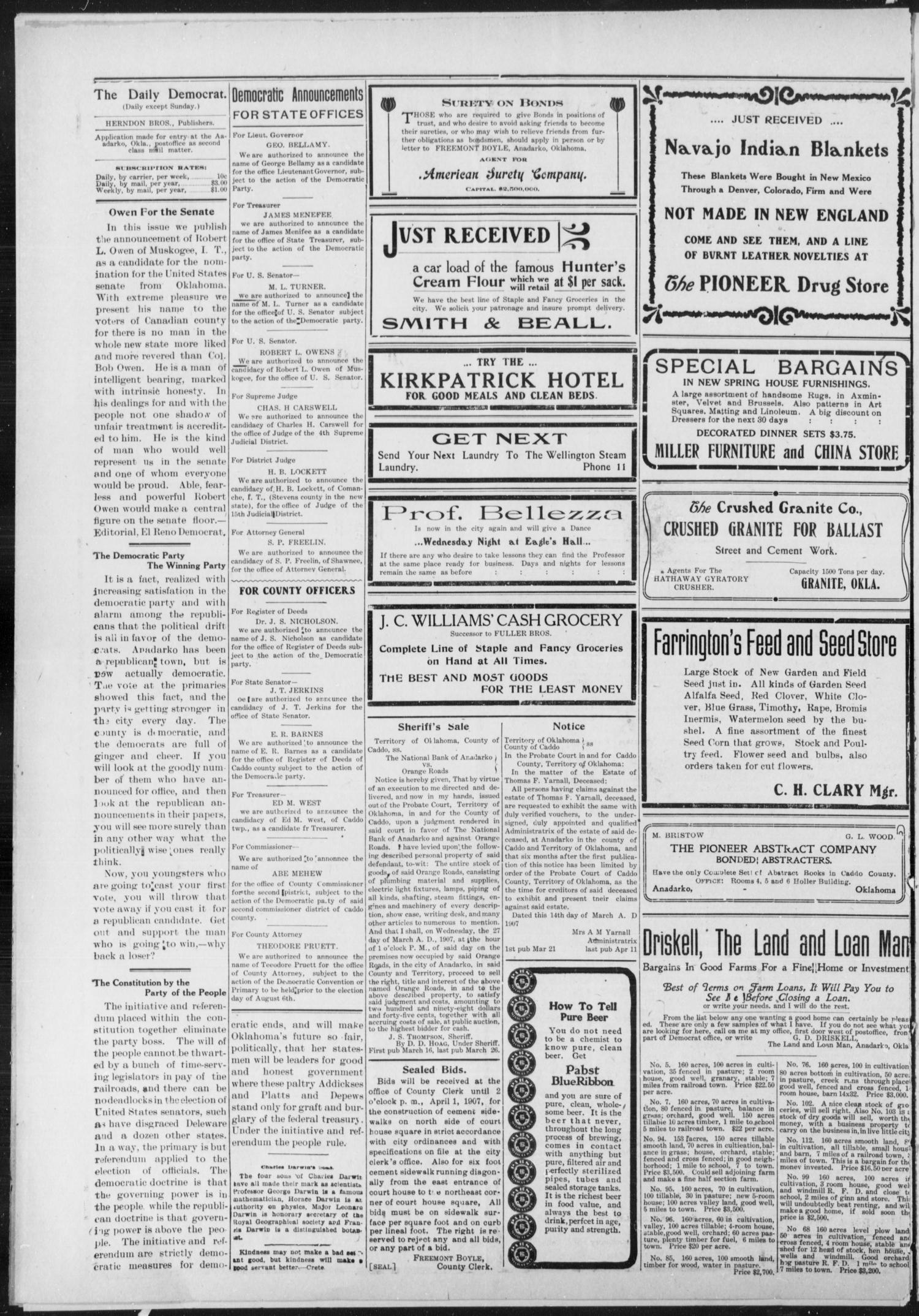The Daily Democrat. (Anadarko, Okla.), Vol. 1, No. 51, Ed. 1, Wednesday, March 20, 1907
                                                
                                                    [Sequence #]: 2 of 4
                                                