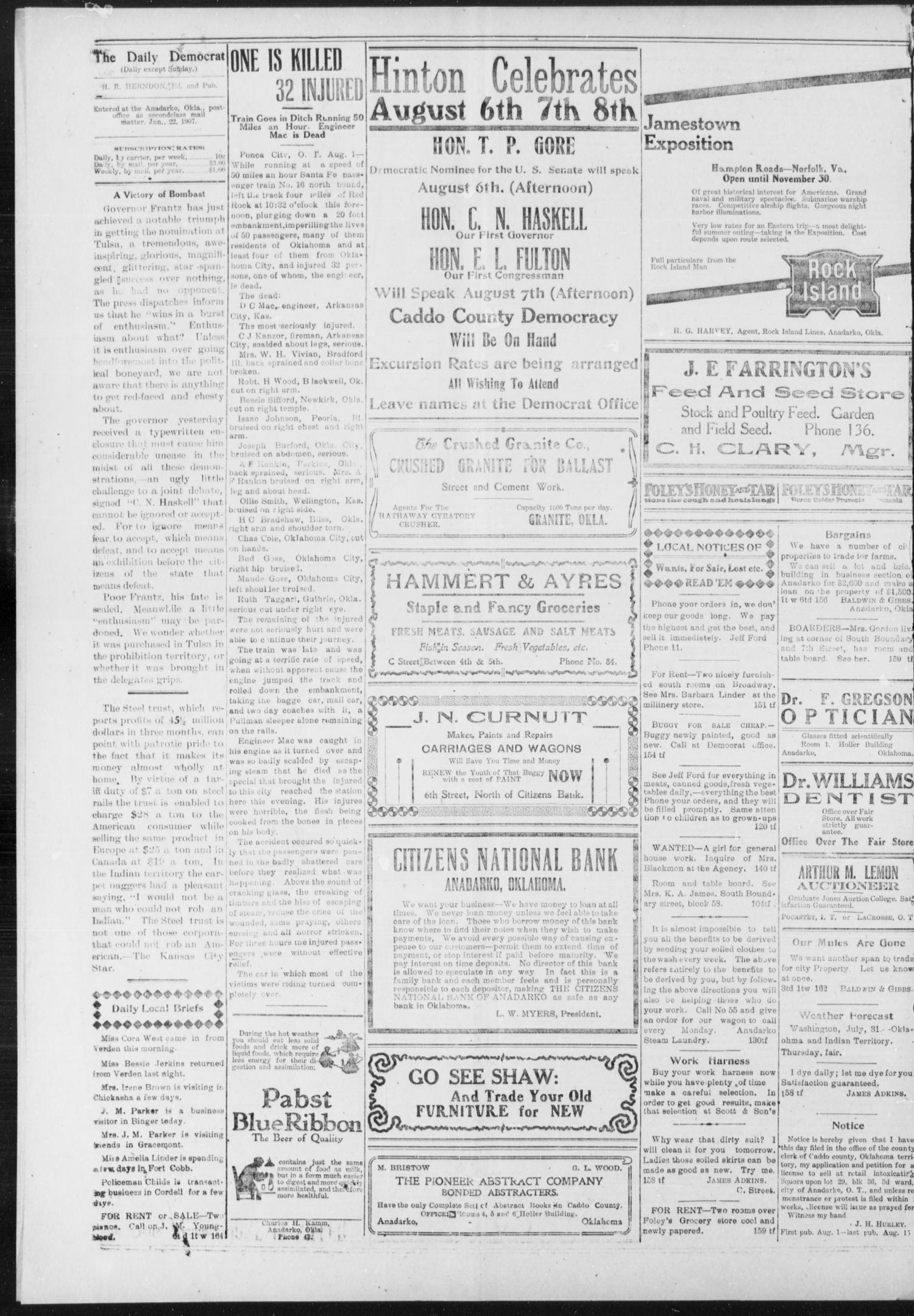 The Daily Democrat. (Anadarko, Okla.), Vol. 1, No. 164, Ed. 1, Friday, August 2, 1907
                                                
                                                    [Sequence #]: 4 of 4
                                                