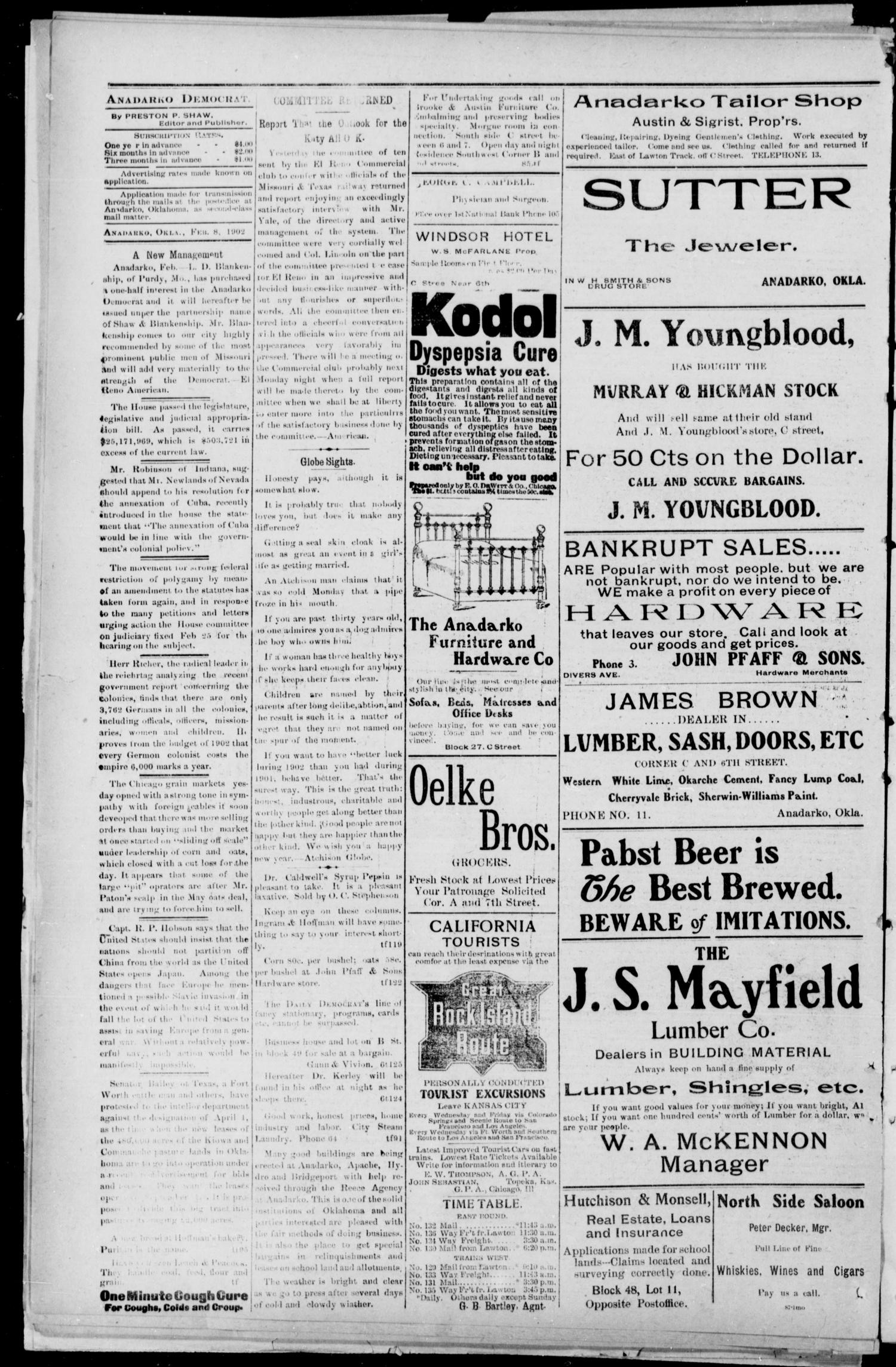 Anadarko Daily Democrat (Anadarko, Okla.), Vol. 1, No. 128, Ed. 1, Saturday, February 8, 1902
                                                
                                                    [Sequence #]: 4 of 8
                                                