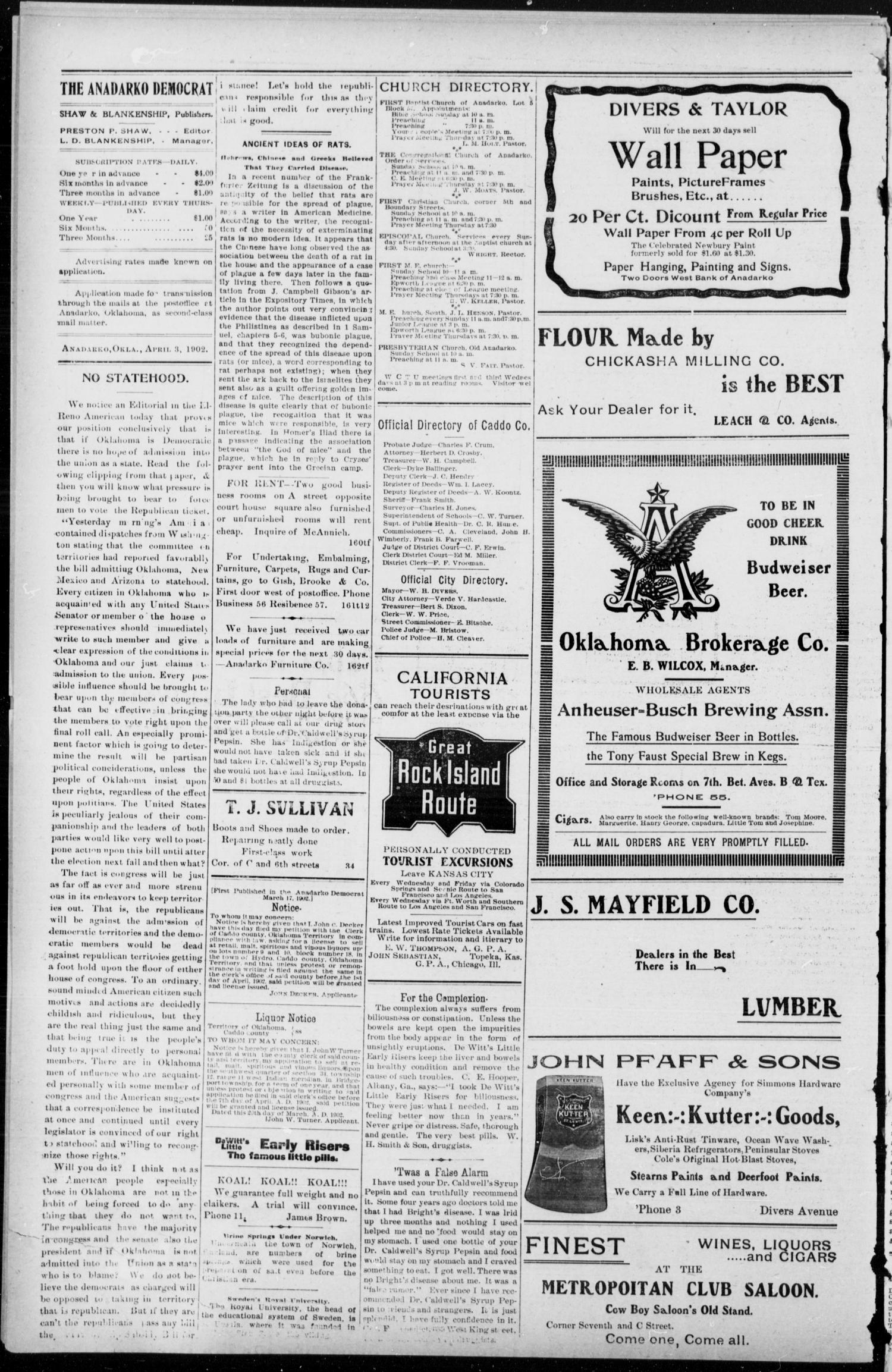 Anadarko Daily Democrat (Anadarko, Okla.), Vol. 1, No. 174, Ed. 1, Thursday, April 3, 1902
                                                
                                                    [Sequence #]: 4 of 8
                                                