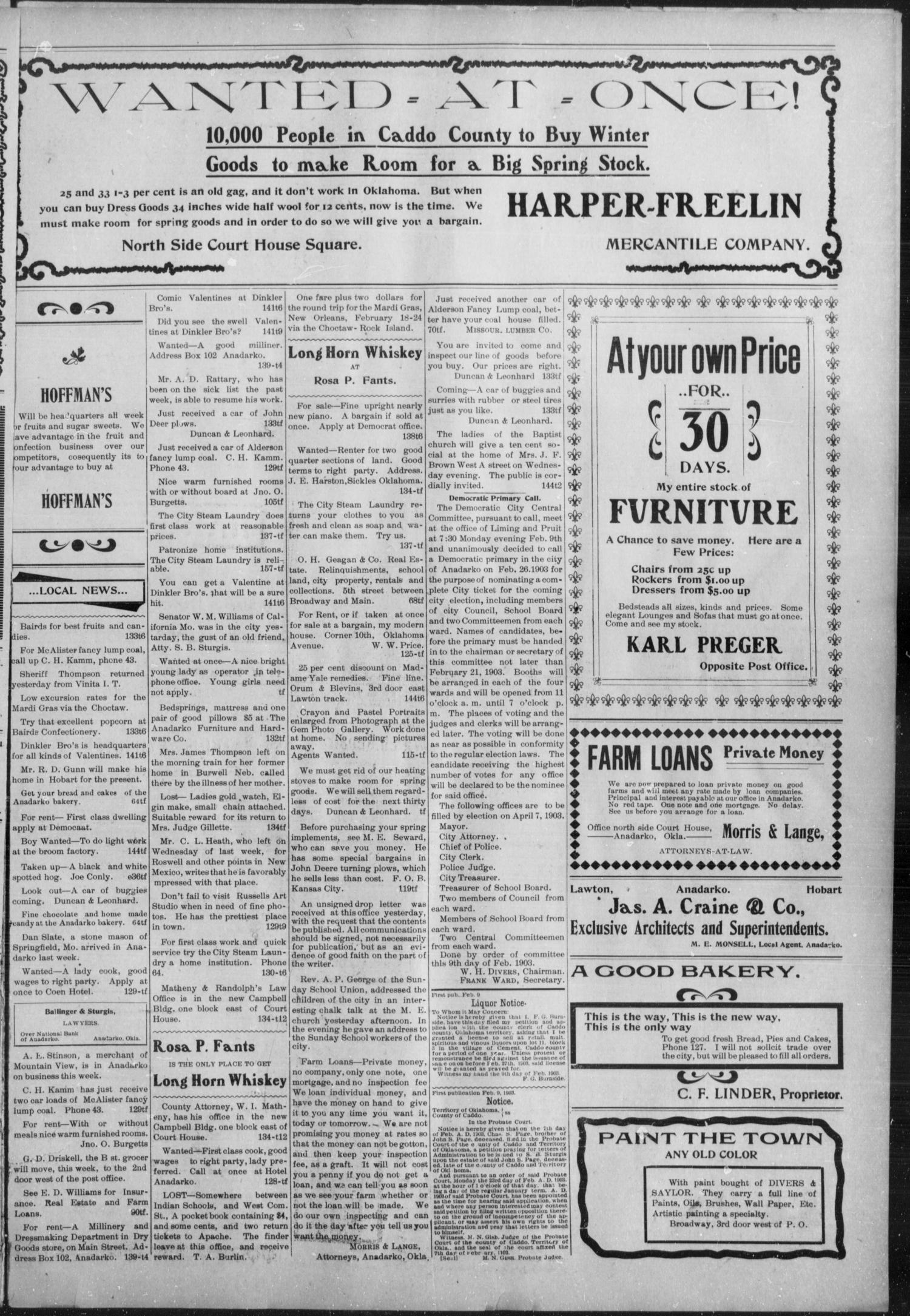 Anadarko Daily Democrat. (Anadarko, Okla.), Vol. 2, No. 144, Ed. 1, Tuesday, February 10, 1903
                                                
                                                    [Sequence #]: 3 of 4
                                                