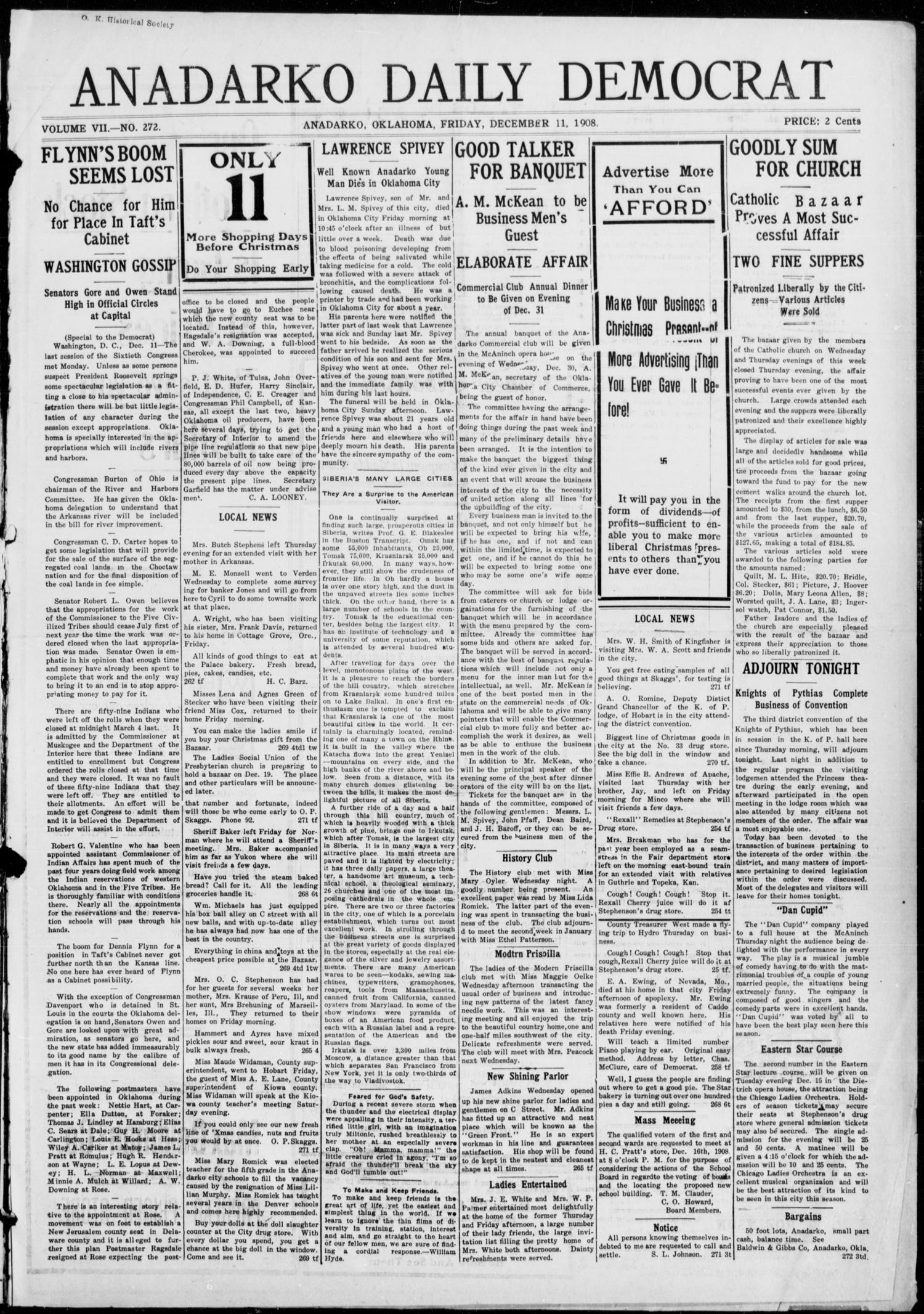 Anadarko Daily Democrat (Anadarko, Okla.), Vol. 7, No. 272, Ed. 1, Friday, December 11, 1908
                                                
                                                    [Sequence #]: 1 of 4
                                                