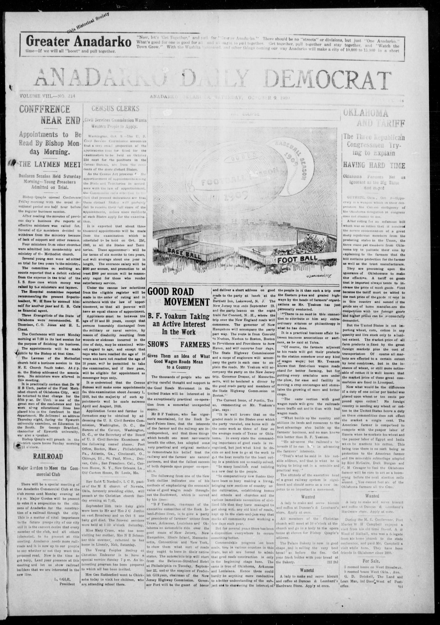 Anadarko Daily Democrat (Anadarko, Okla.), Vol. 8, No. 214, Ed. 1, Saturday, October 9, 1909
                                                
                                                    [Sequence #]: 1 of 4
                                                