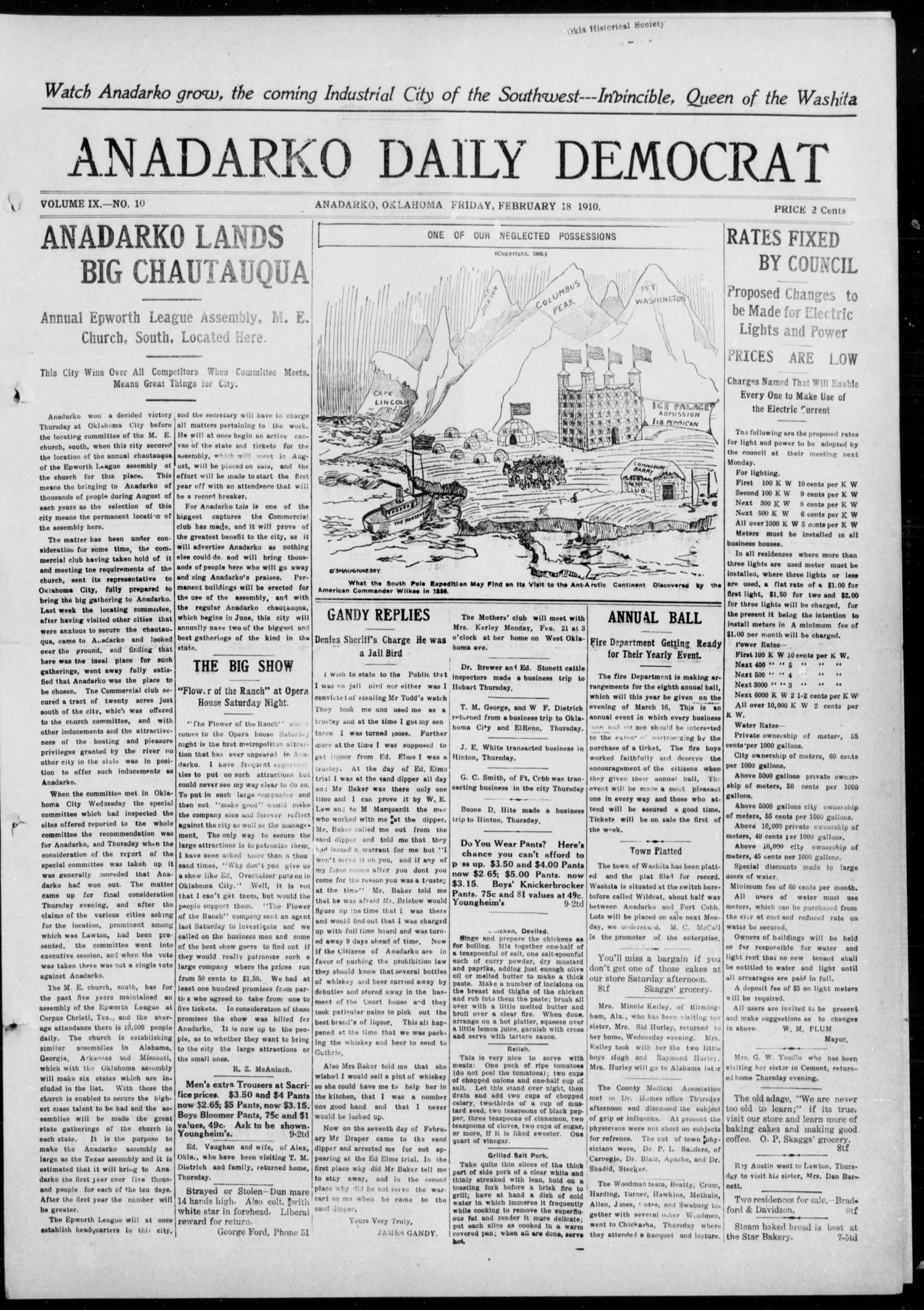 Anadarko Daily Democrat (Anadarko, Okla.), Vol. 9, No. 10, Ed. 1, Friday, February 18, 1910
                                                
                                                    [Sequence #]: 1 of 4
                                                