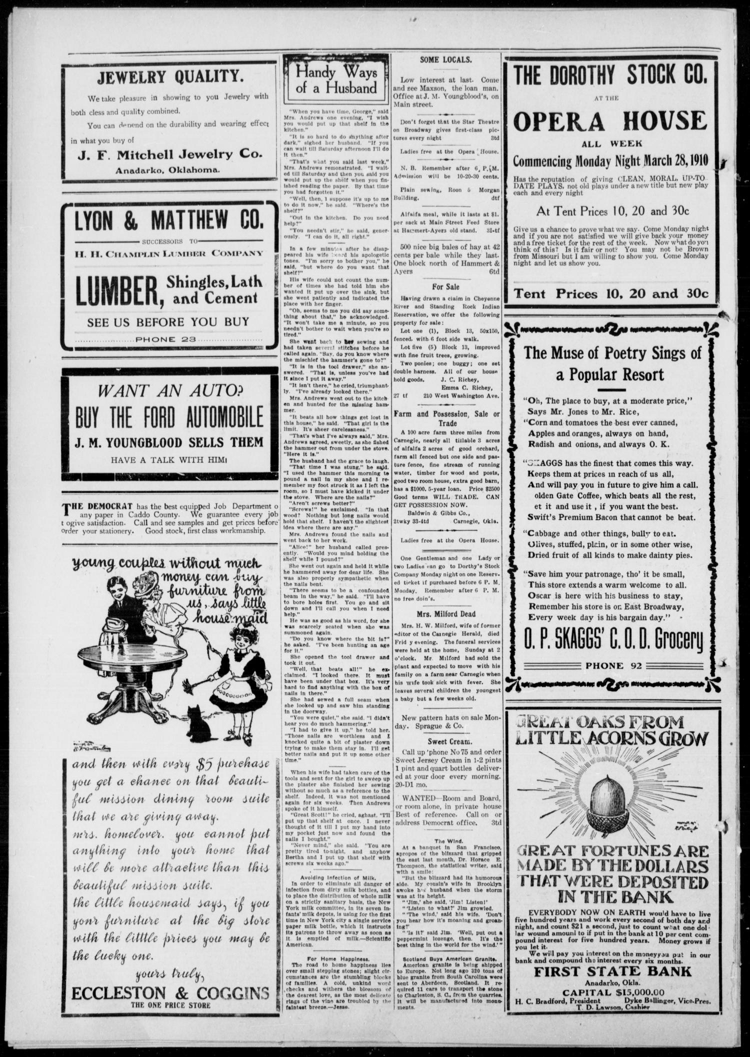 Anadarko Daily Democrat (Anadarko, Okla.), Vol. 9, No. 45, Ed. 1, Thursday, March 31, 1910
                                                
                                                    [Sequence #]: 4 of 4
                                                