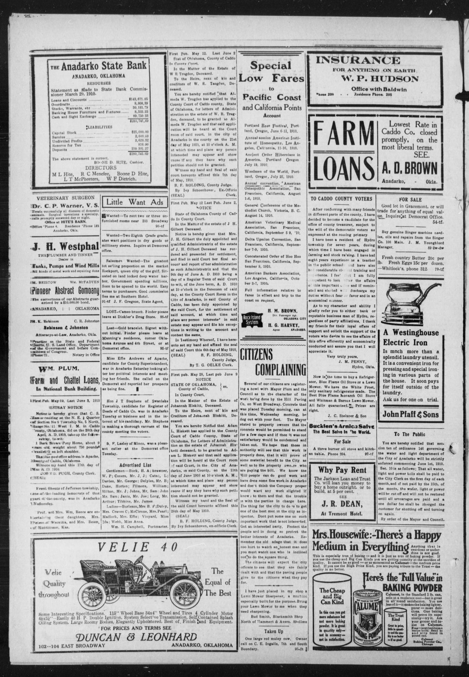 Anadarko Daily Democrat (Anadarko, Okla.), Vol. 9, No. 98, Ed. 1, Wednesday, June 1, 1910
                                                
                                                    [Sequence #]: 4 of 4
                                                