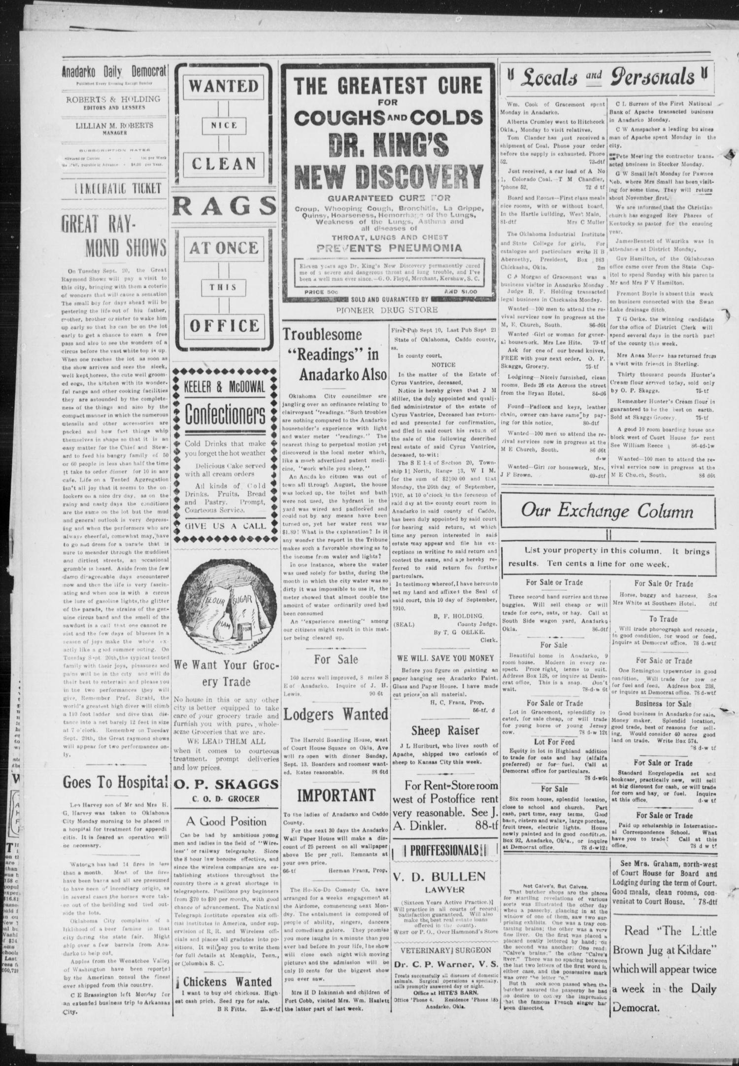 Anadarko Daily Democrat (Anadarko, Okla.), Vol. 9, No. 190, Ed. 1, Monday, September 19, 1910
                                                
                                                    [Sequence #]: 4 of 4
                                                