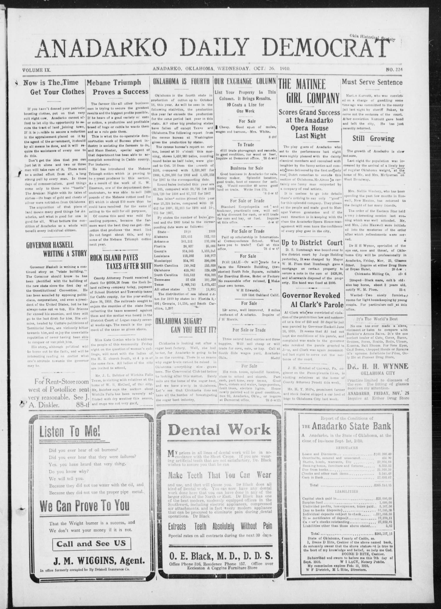 Anadarko Daily Democrat (Anadarko, Okla.), Vol. 9, No. 224, Ed. 1, Wednesday, October 26, 1910
                                                
                                                    [Sequence #]: 1 of 4
                                                