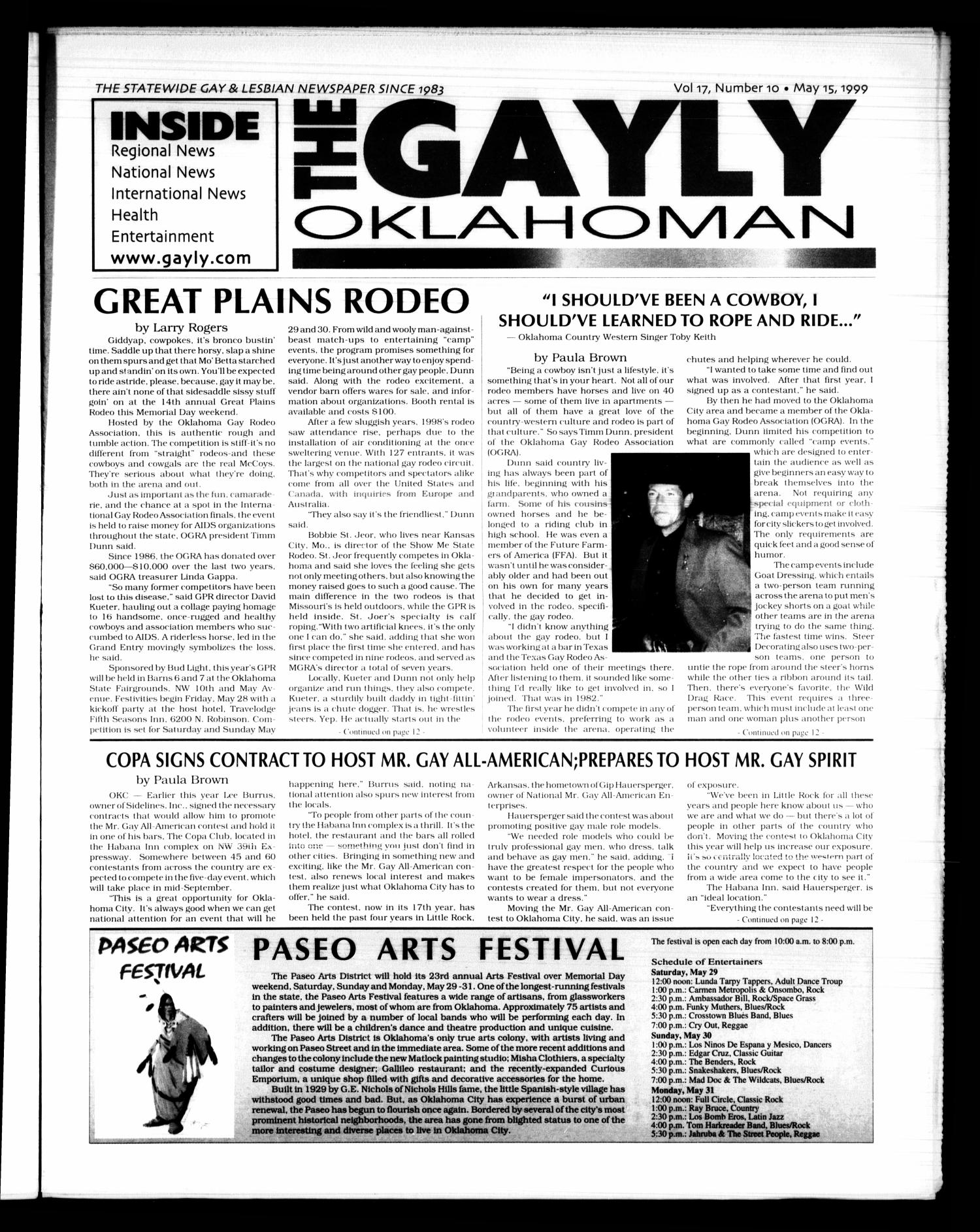 The Gayly Oklahoman (Oklahoma City, Okla.), Vol. 17, No. 10, Ed. 1 Saturday, May 15, 1999
                                                
                                                    [Sequence #]: 1 of 32
                                                