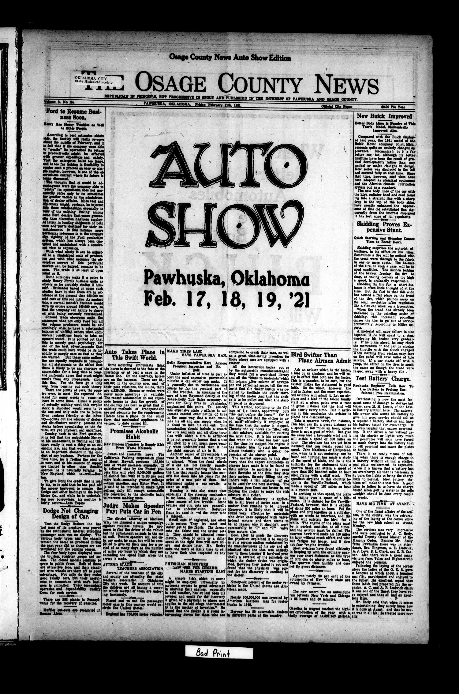The Osage County News (Pawhuska, Okla.), Vol. 8, No. 24, Ed. 1 Friday, February 11, 1921
                                                
                                                    [Sequence #]: 1 of 12
                                                