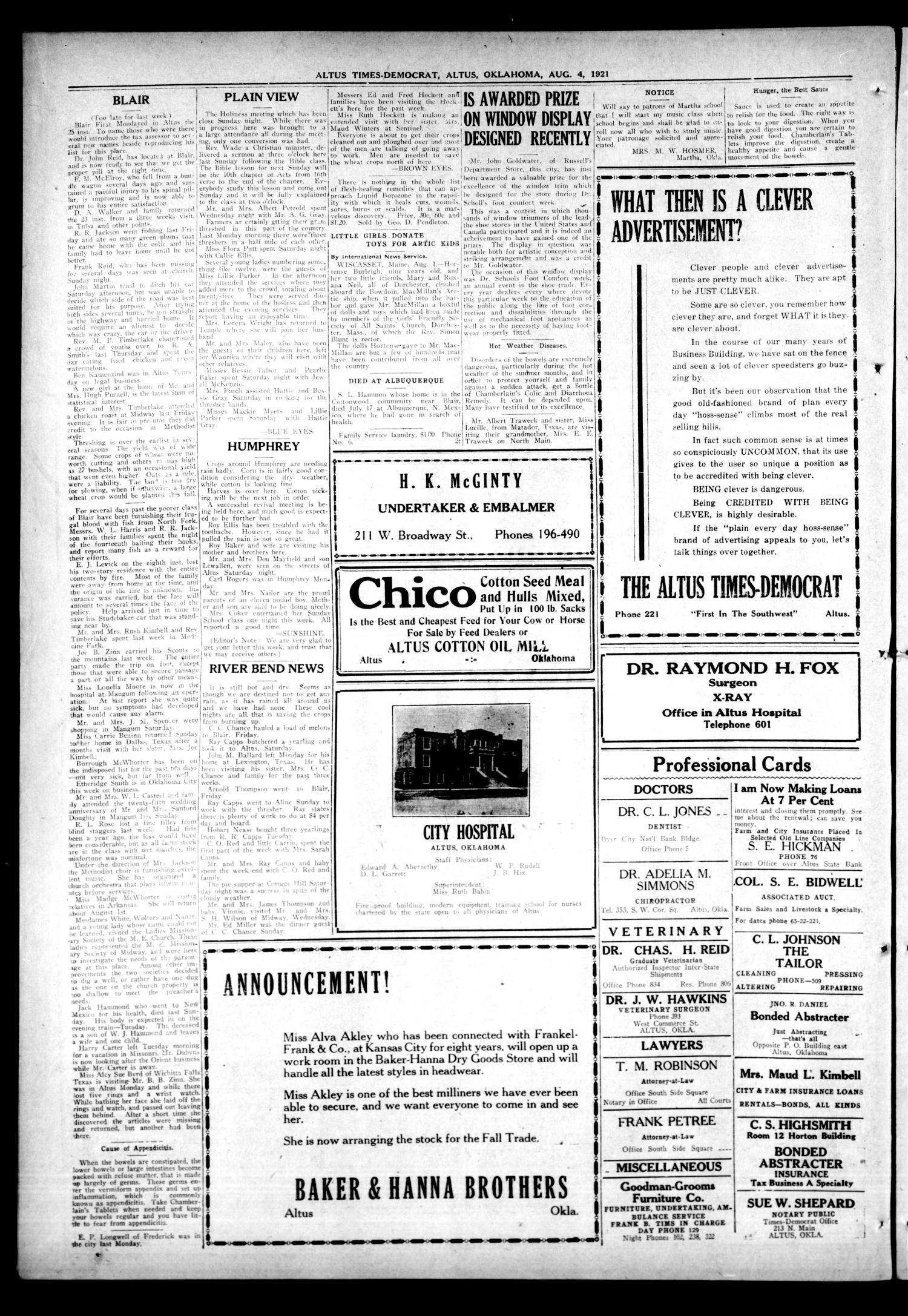 The Altus Times-Democrat (Altus, Okla.), Vol. 19, No. 31, Ed. 1 Thursday, August 4, 1921
                                                
                                                    [Sequence #]: 6 of 10
                                                