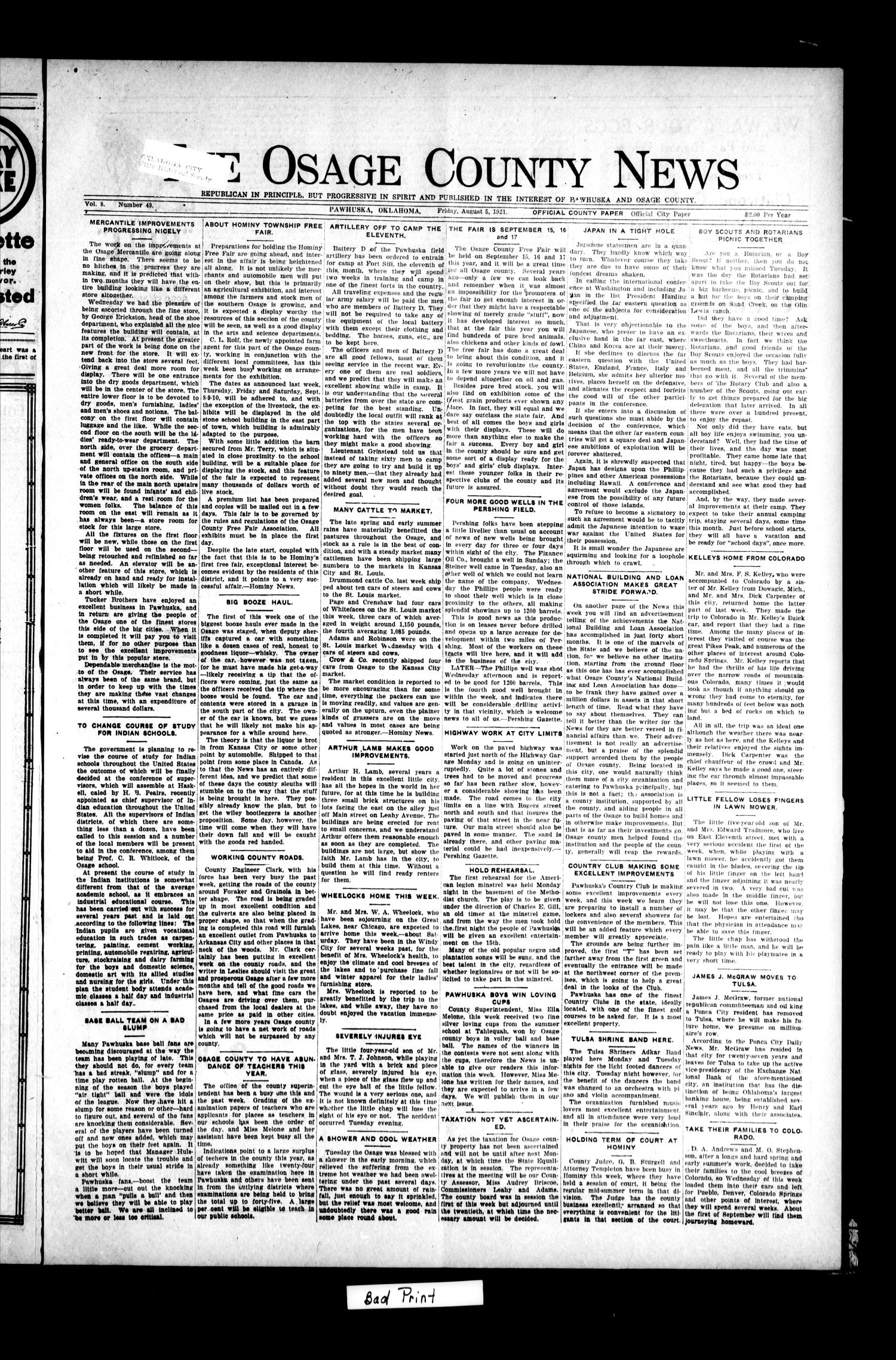 The Osage County News (Pawhuska, Okla.), Vol. 8, No. 49, Ed. 1 Friday, August 5, 1921
                                                
                                                    [Sequence #]: 1 of 8
                                                