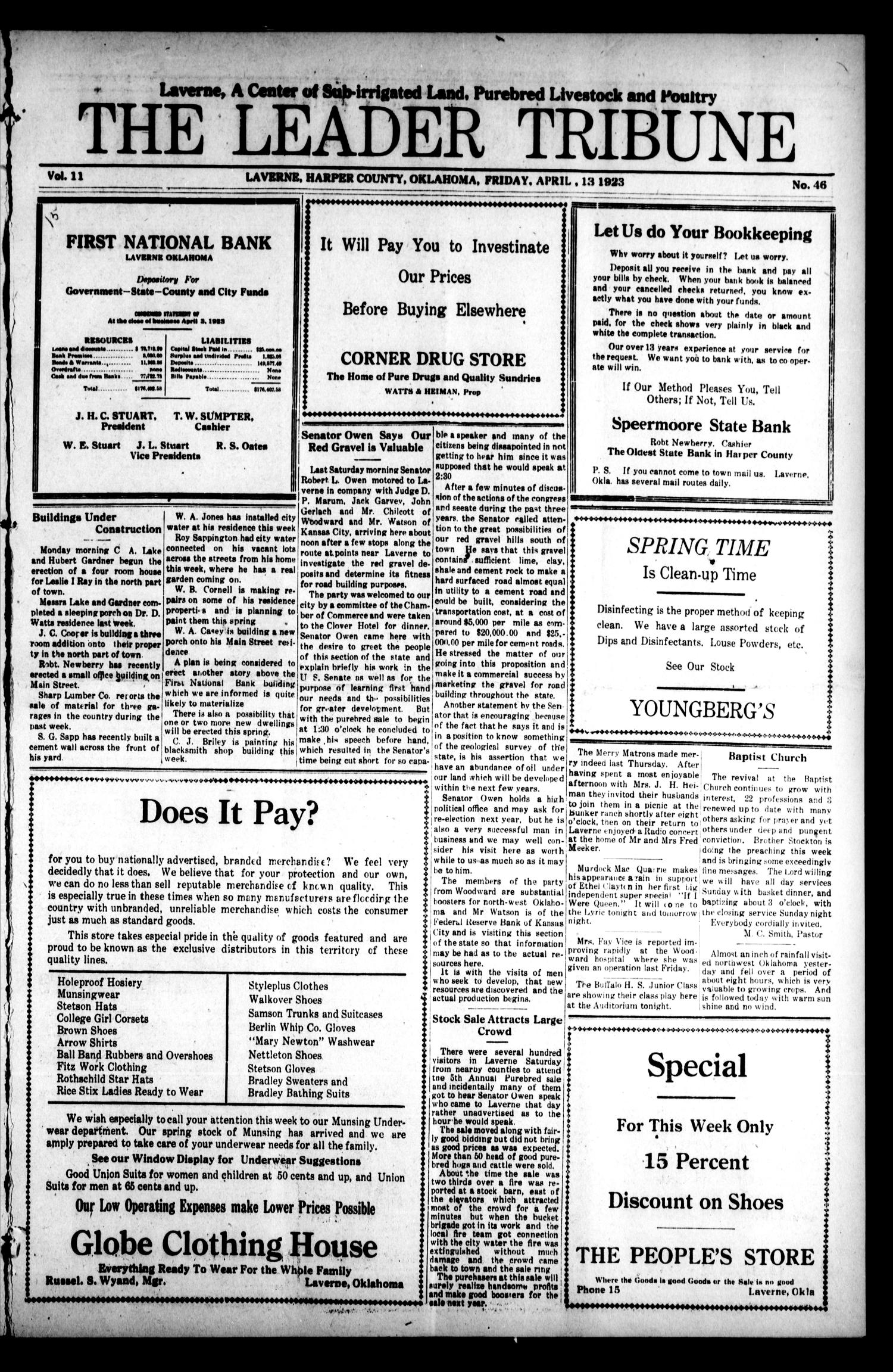The Leader Tribune (Laverne, Okla.), Vol. 11, No. 46, Ed. 1 Friday, April 13, 1923
                                                
                                                    [Sequence #]: 3 of 10
                                                