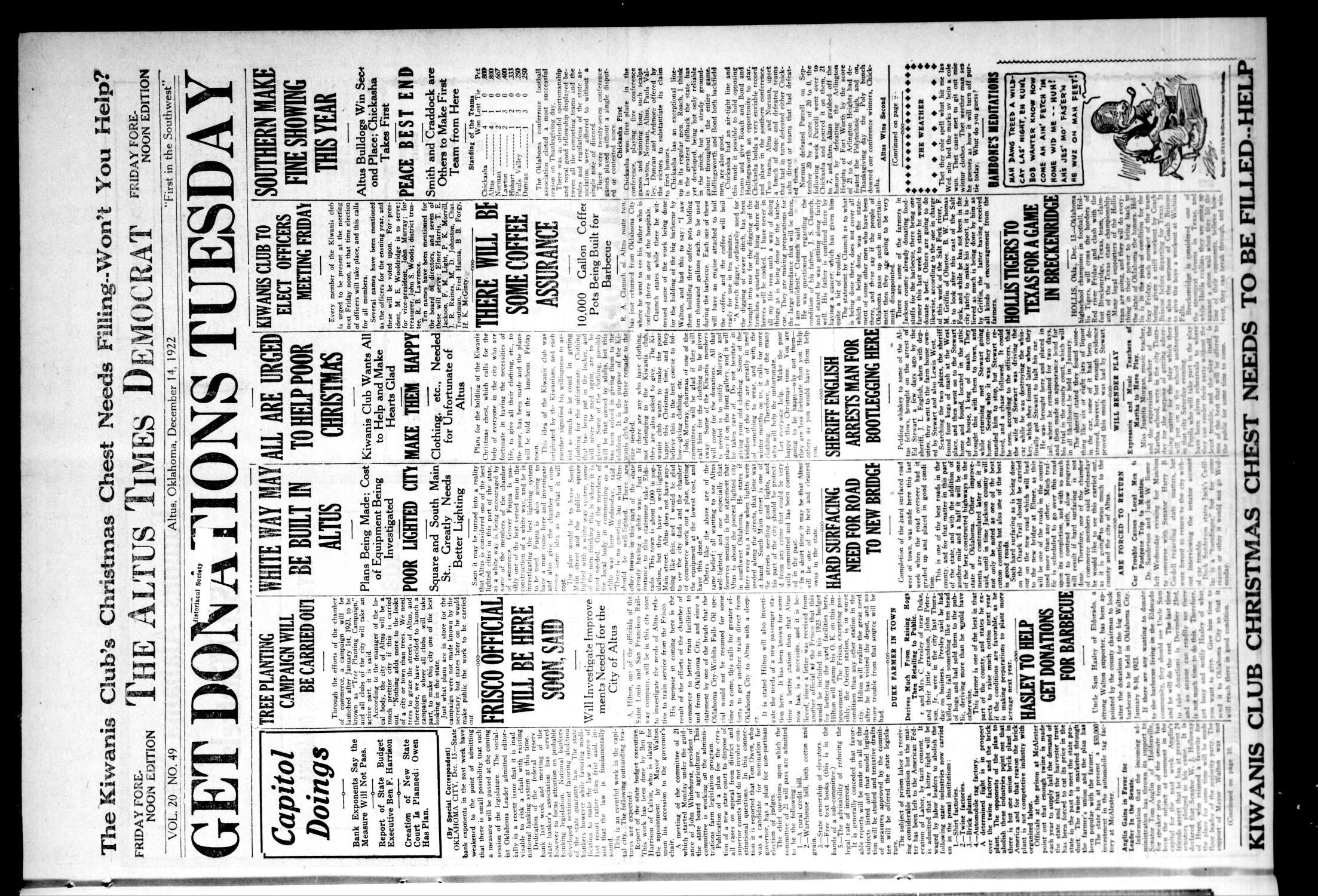 The Altus Times Democrat (Altus, Okla.), Vol. 20, No. 49, Ed. 1 Thursday, December 14, 1922
                                                
                                                    [Sequence #]: 1 of 10
                                                