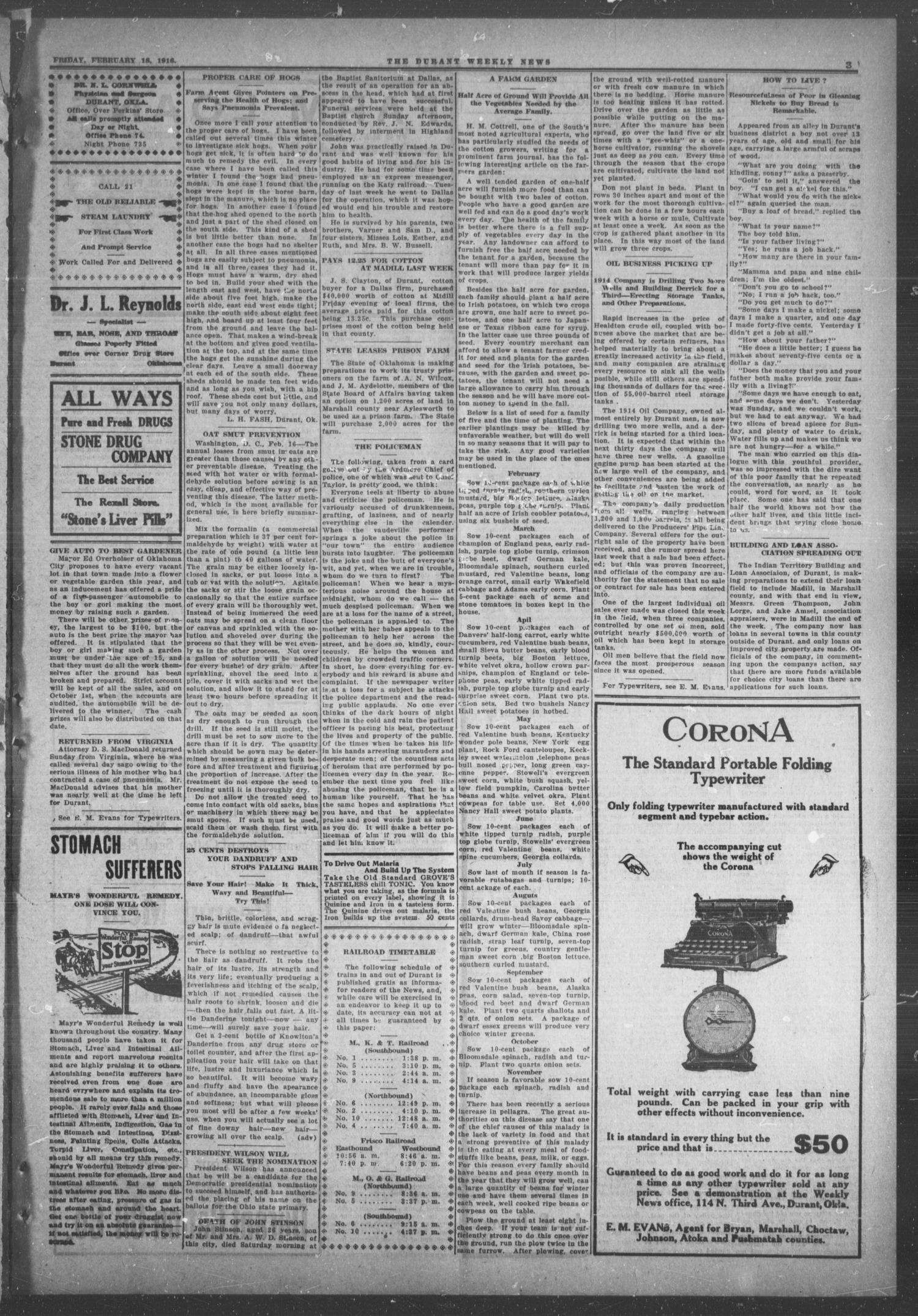 Durant Weekly News (Durant, Okla.), Vol. 20, No. 7, Ed. 1, Friday, February 18, 1916
                                                
                                                    [Sequence #]: 3 of 8
                                                