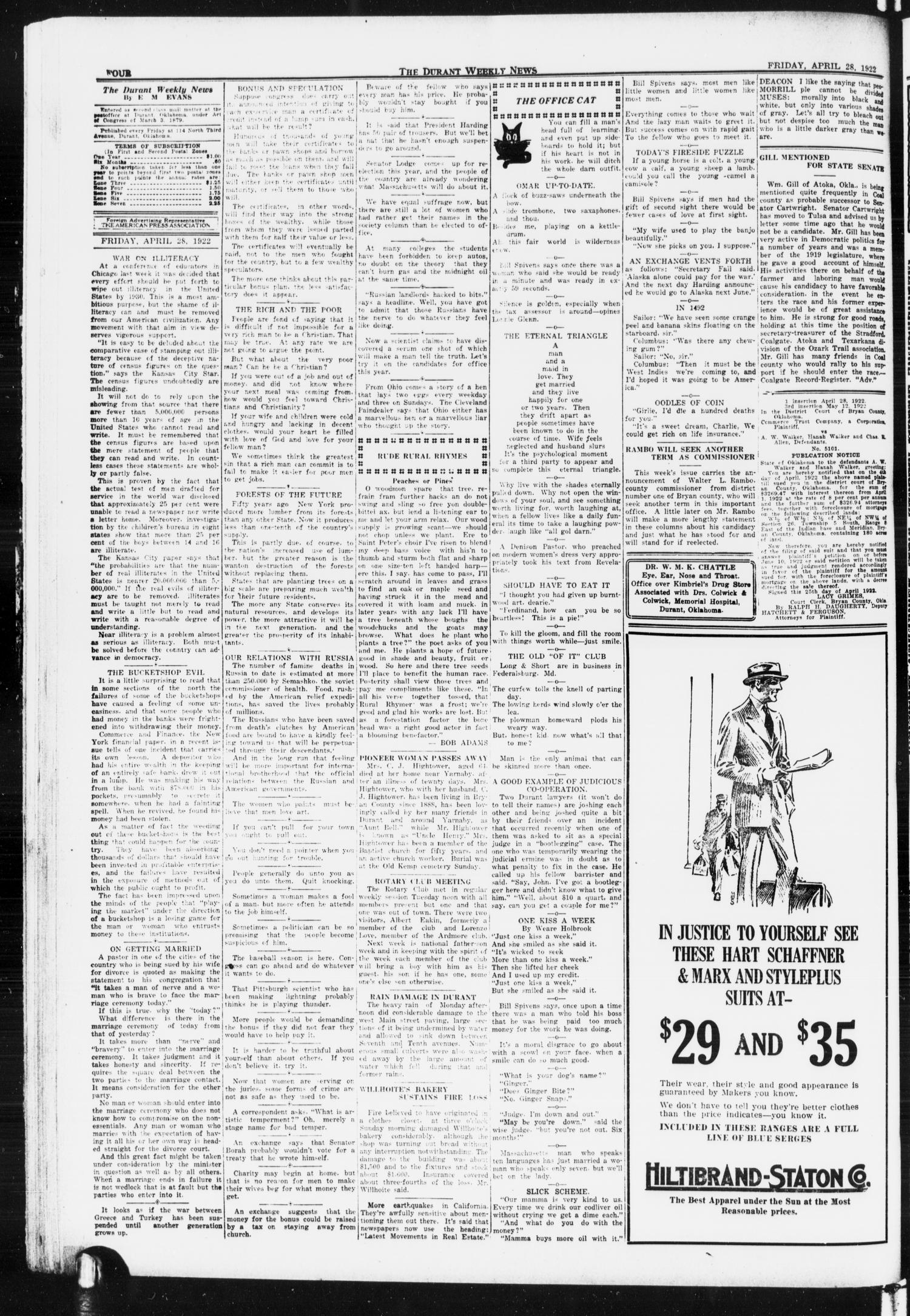 The Durant Weekly News (Durant, Okla.), Vol. 25, No. 17, Ed. 1, Friday, April 28, 1922
                                                
                                                    [Sequence #]: 4 of 8
                                                