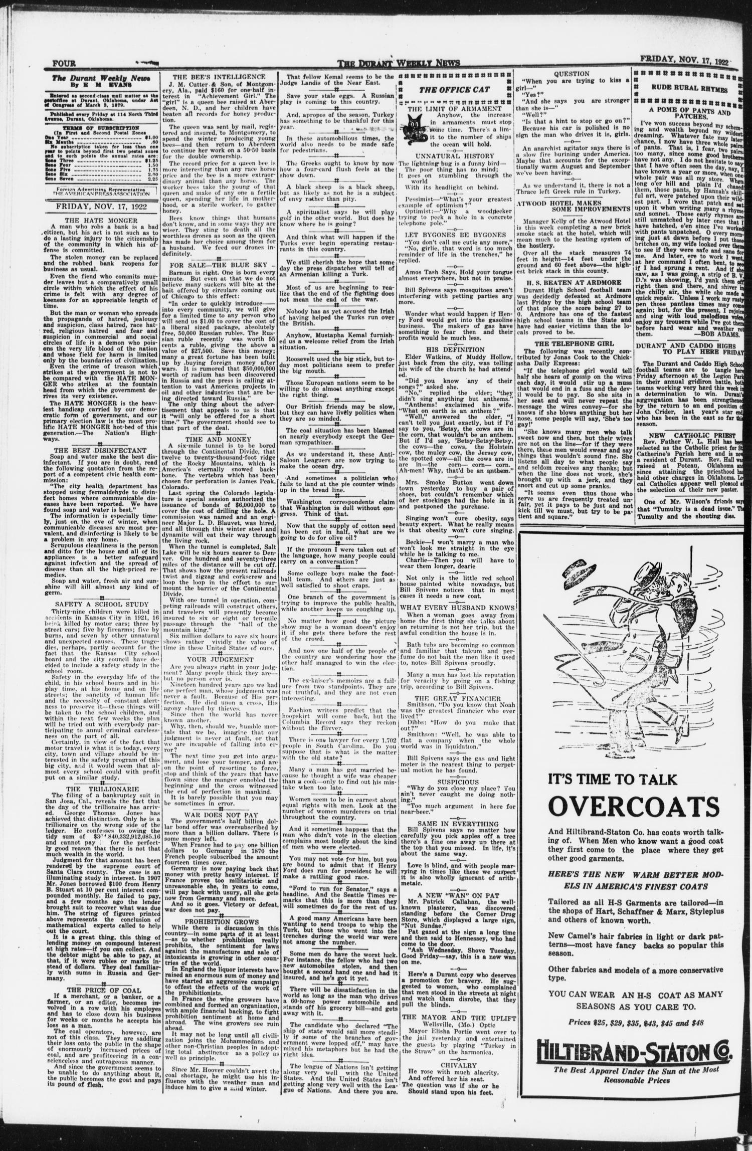 The Durant Weekly News (Durant, Okla.), Vol. 25, No. 46, Ed. 1, Friday, November 17, 1922
                                                
                                                    [Sequence #]: 4 of 8
                                                