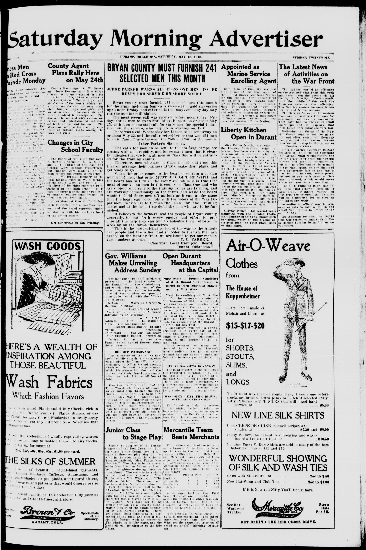 Saturday Morning Advertiser (Durant, Okla.), Vol. 5, No. 26, Ed. 1, Saturday, May 18, 1918
                                                
                                                    [Sequence #]: 1 of 8
                                                