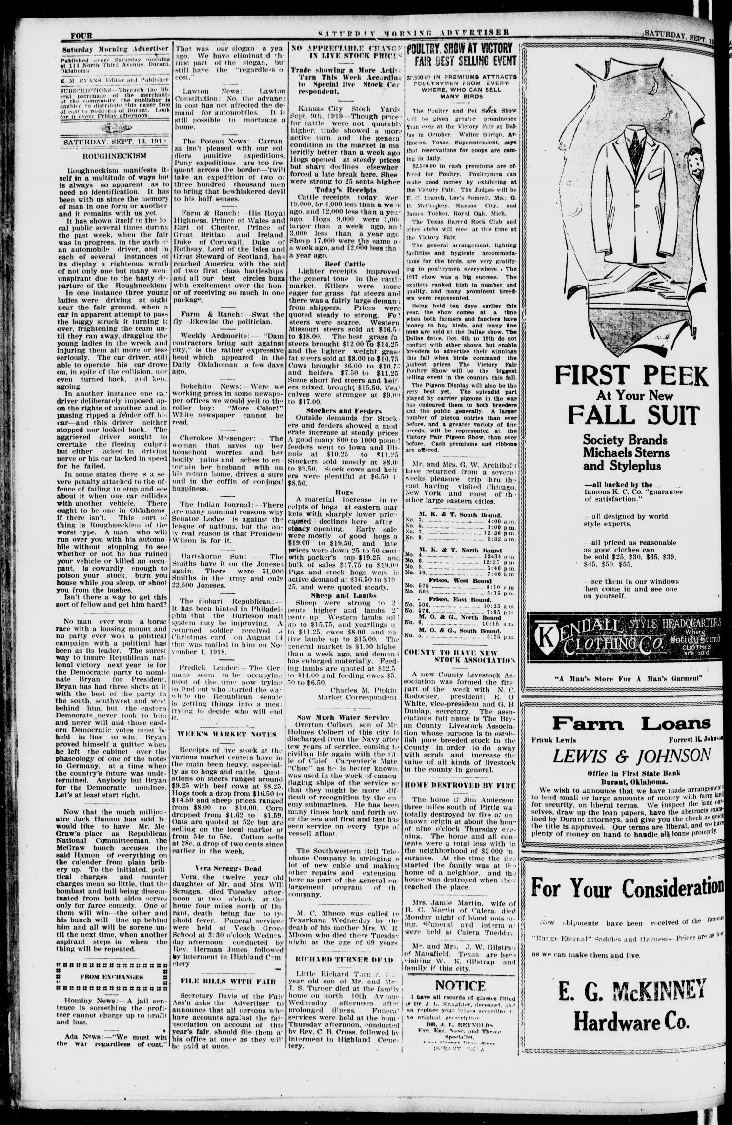 Saturday Morning Advertiser (Durant, Okla.), Vol. 6, No. 43, Ed. 1, Saturday, September 13, 1919
                                                
                                                    [Sequence #]: 4 of 8
                                                