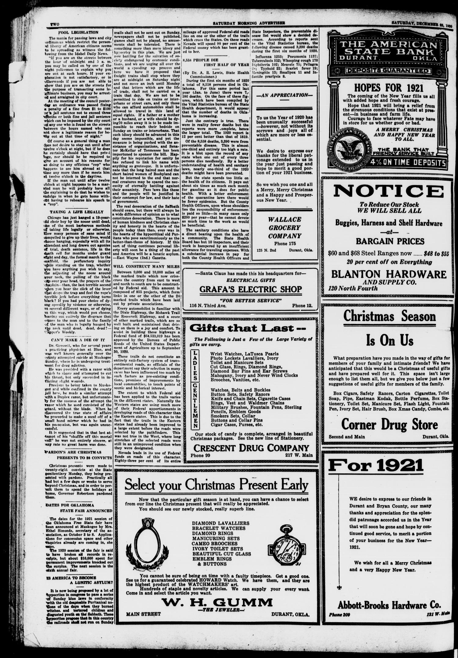 Saturday Morning Advertiser (Durant, Okla.), Vol. 7, No. 38, Ed. 1, Saturday, December 25, 1920
                                                
                                                    [Sequence #]: 2 of 8
                                                