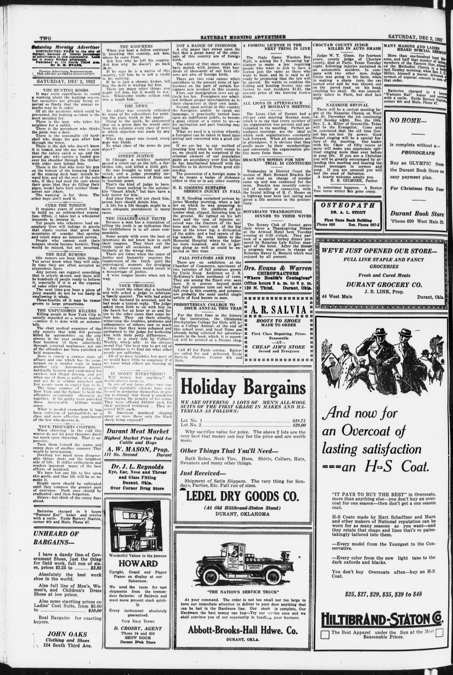 Saturday Morning Advertiser (Durant, Okla.), Vol. 9, No. 24, Ed. 1, Saturday, December 2, 1922
                                                
                                                    [Sequence #]: 2 of 4
                                                