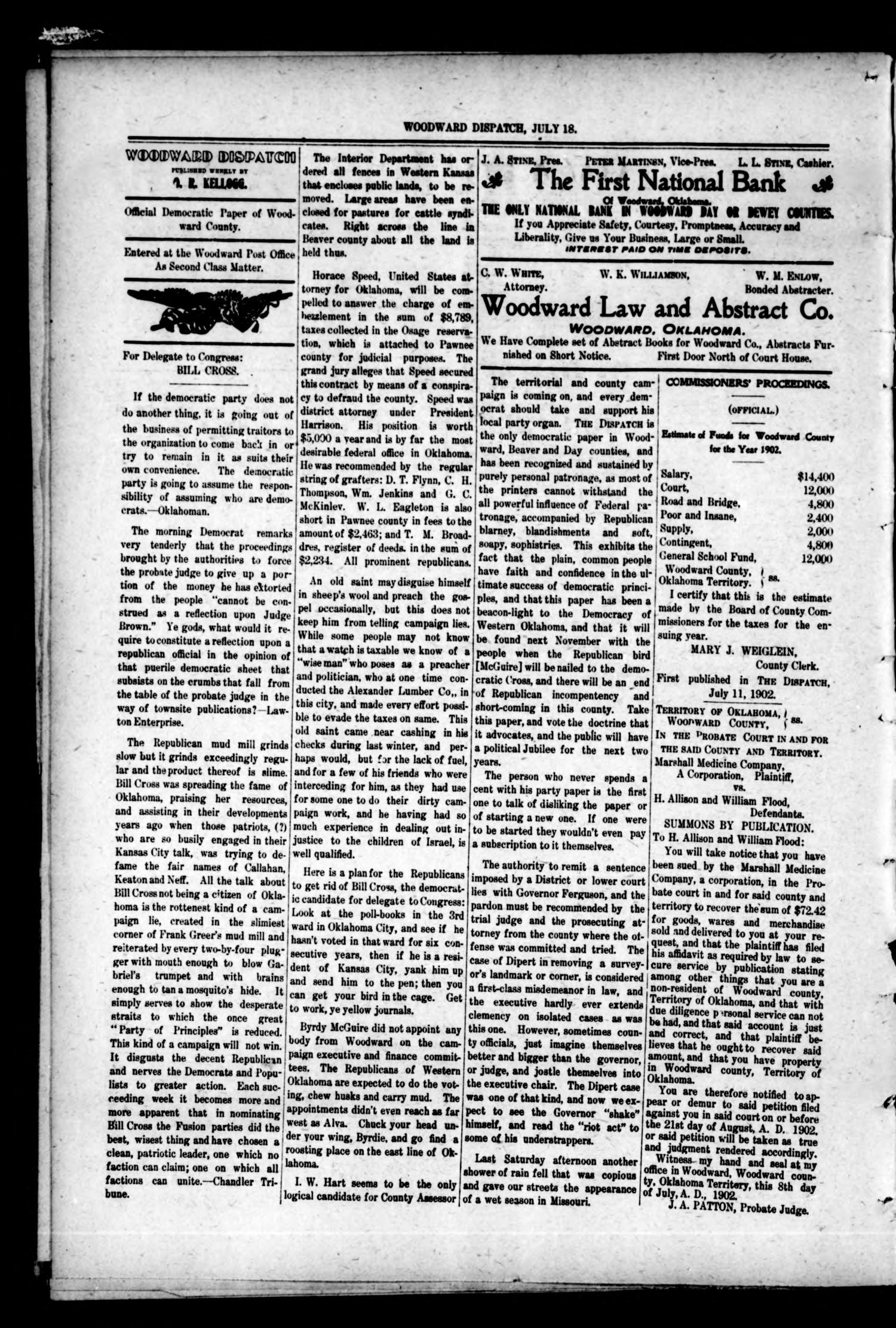 Woodward Dispatch. (Woodward, Okla.), Vol. 3, No. 21, Ed. 1 Friday, July 18, 1902
                                                
                                                    [Sequence #]: 2 of 7
                                                