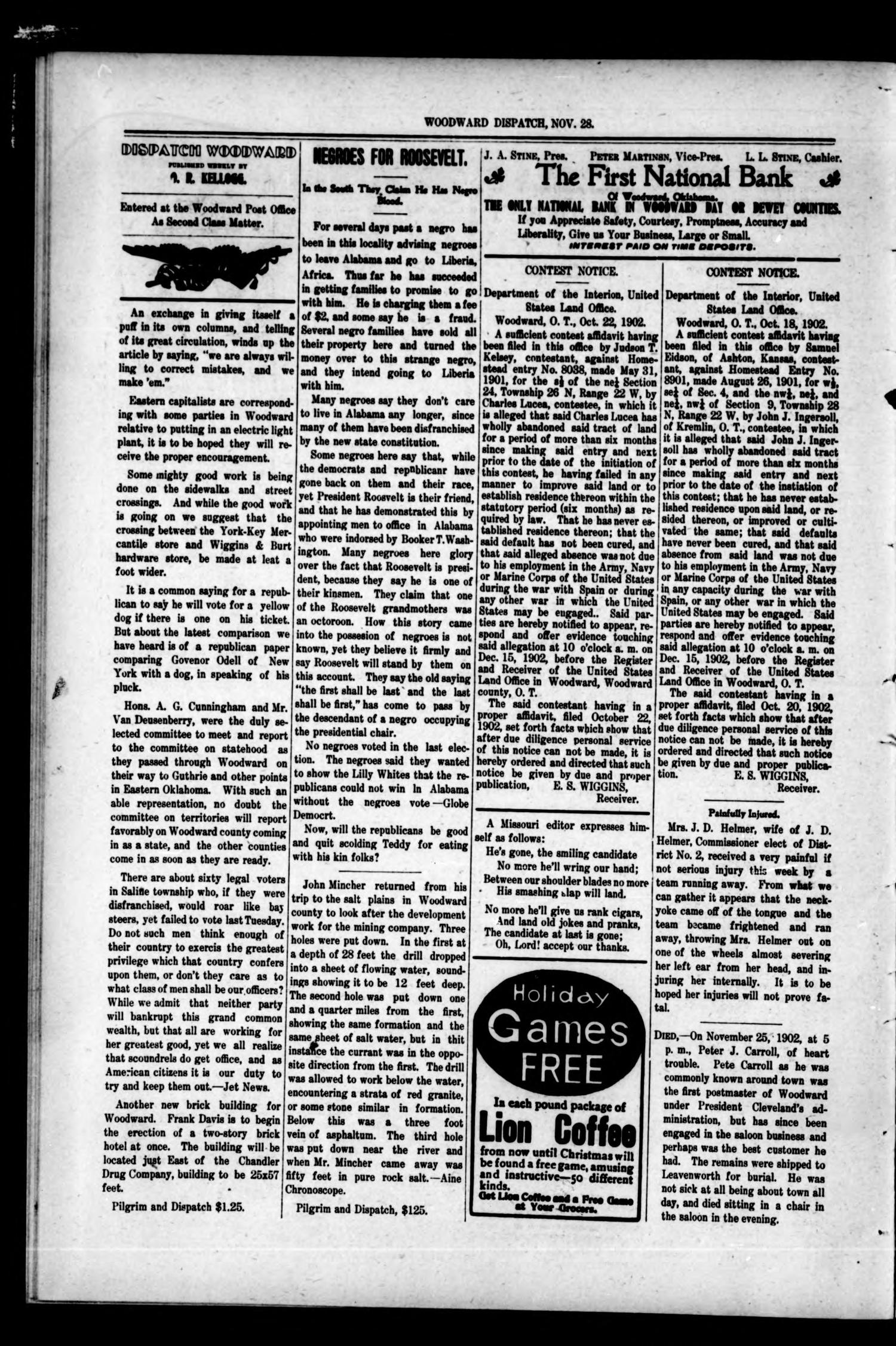 Woodward Dispatch. (Woodward, Okla.), Vol. 3, No. 39, Ed. 1 Friday, November 28, 1902
                                                
                                                    [Sequence #]: 4 of 12
                                                