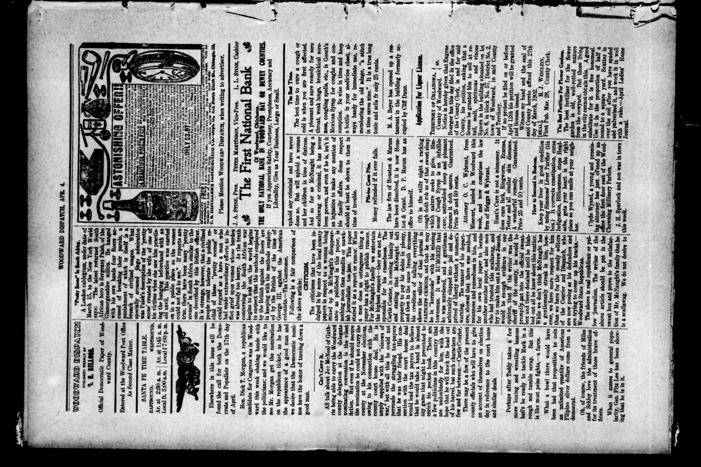 Woodward Dispatch. (Woodward, Okla.), Vol. 3, No. 6, Ed. 1 Friday, April 4, 1902
                                                
                                                    [Sequence #]: 2 of 4
                                                