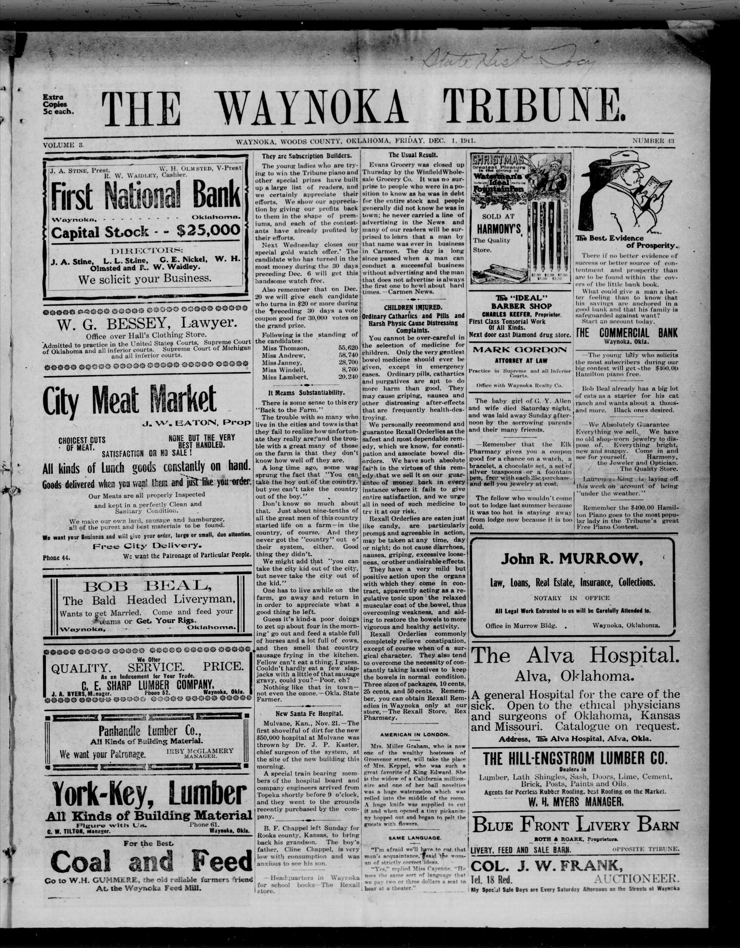 The Waynoka Tribune. (Waynoka, Okla.), Vol. 3, No. 43, Ed. 1 Friday, December 1, 1911
                                                
                                                    [Sequence #]: 1 of 8
                                                